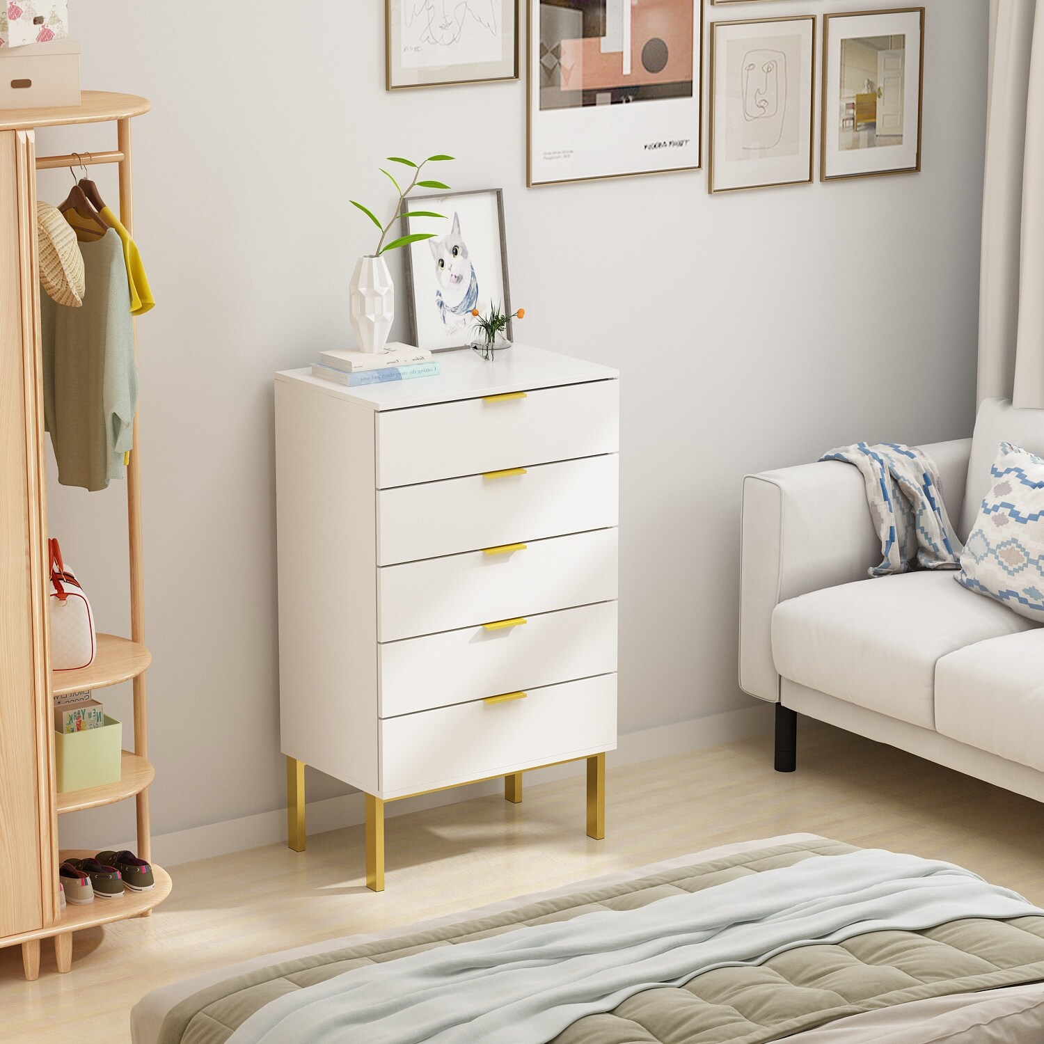 5 Drawer Dresser Chest of Drawers with Metal Leg Wood Dresser Storage Black