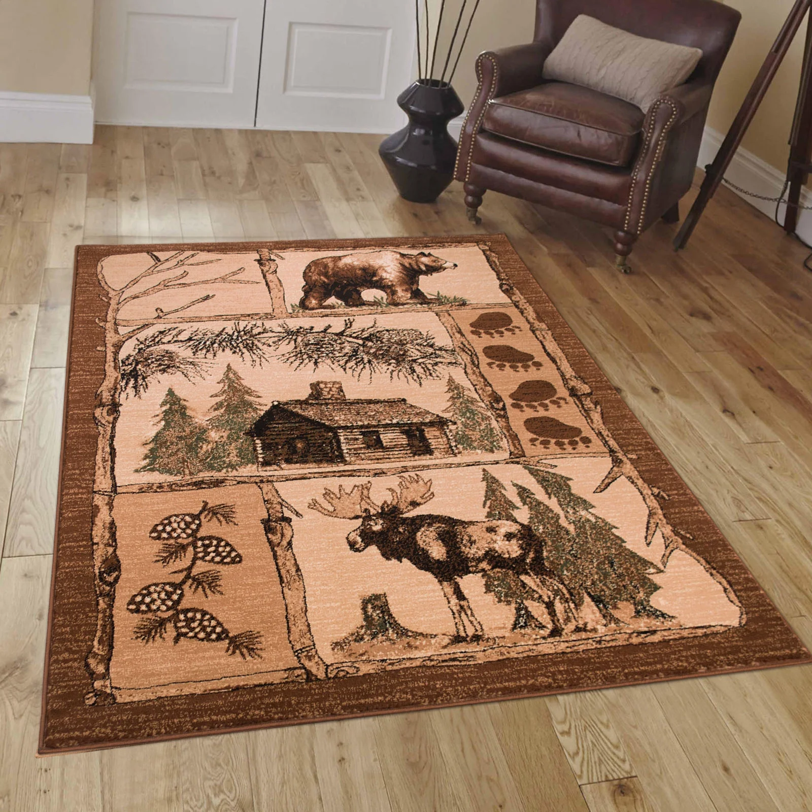 Brown Cabin with Moose and Bear Animal Wildlife Area Rug (3' 9