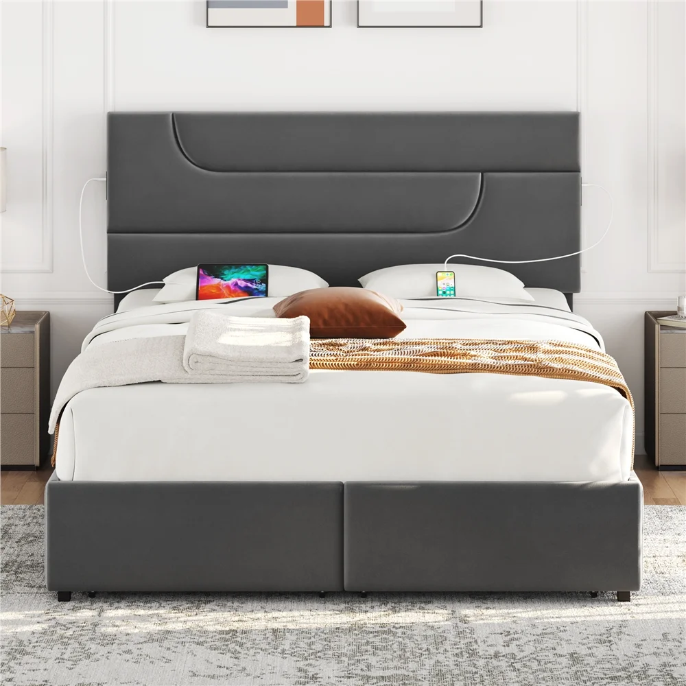 Yaheetech Upholstered Platform Bed Frame with 4 Storage Drawers and USB Ports,Queen,Dark Gray