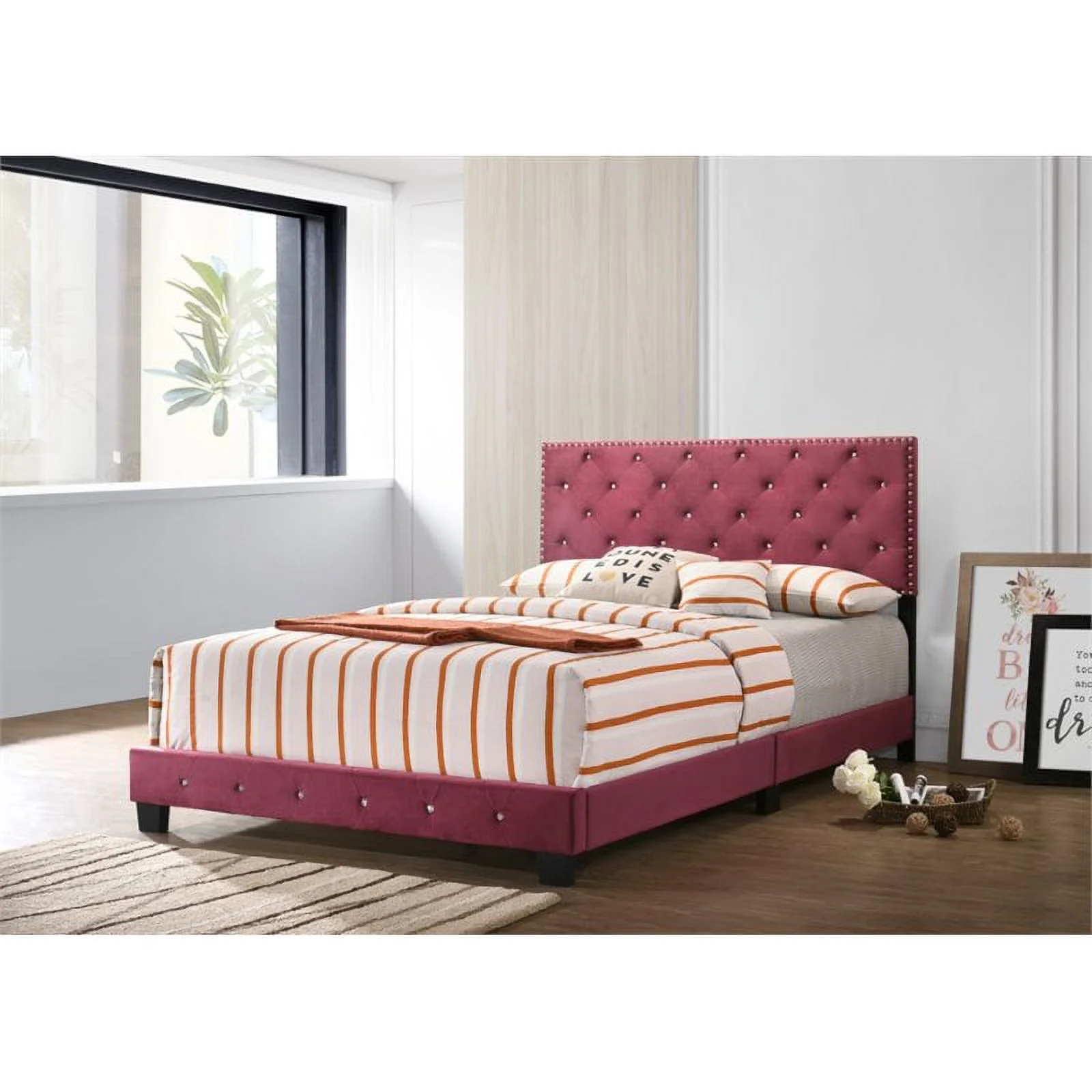 Maklaine Transitional Upholstered Velvet Queen Bed in Cherry
