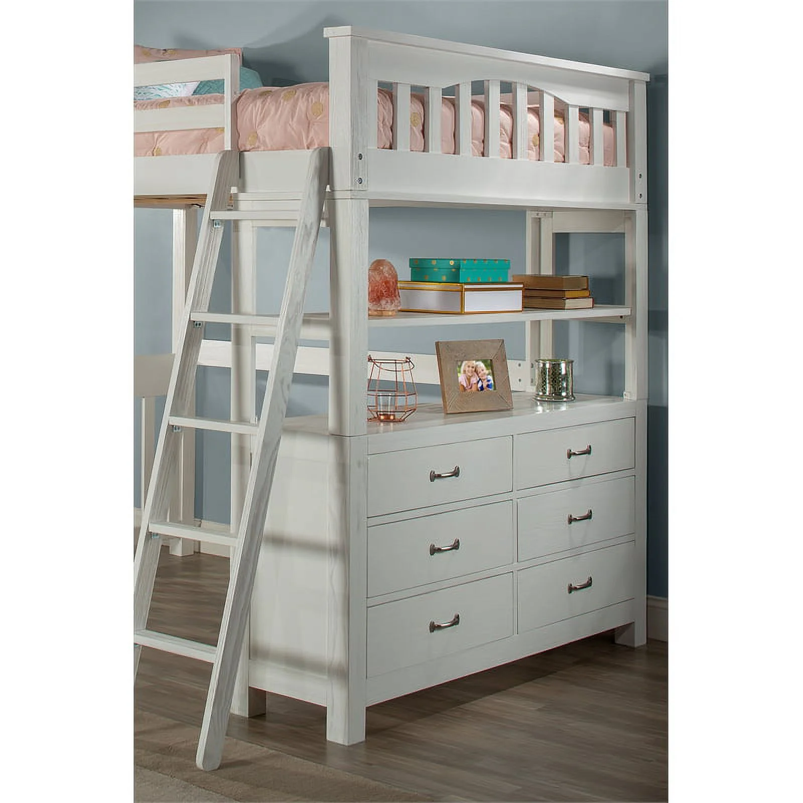 Highlands Full Loft Bed with Hanging Nightstand in White