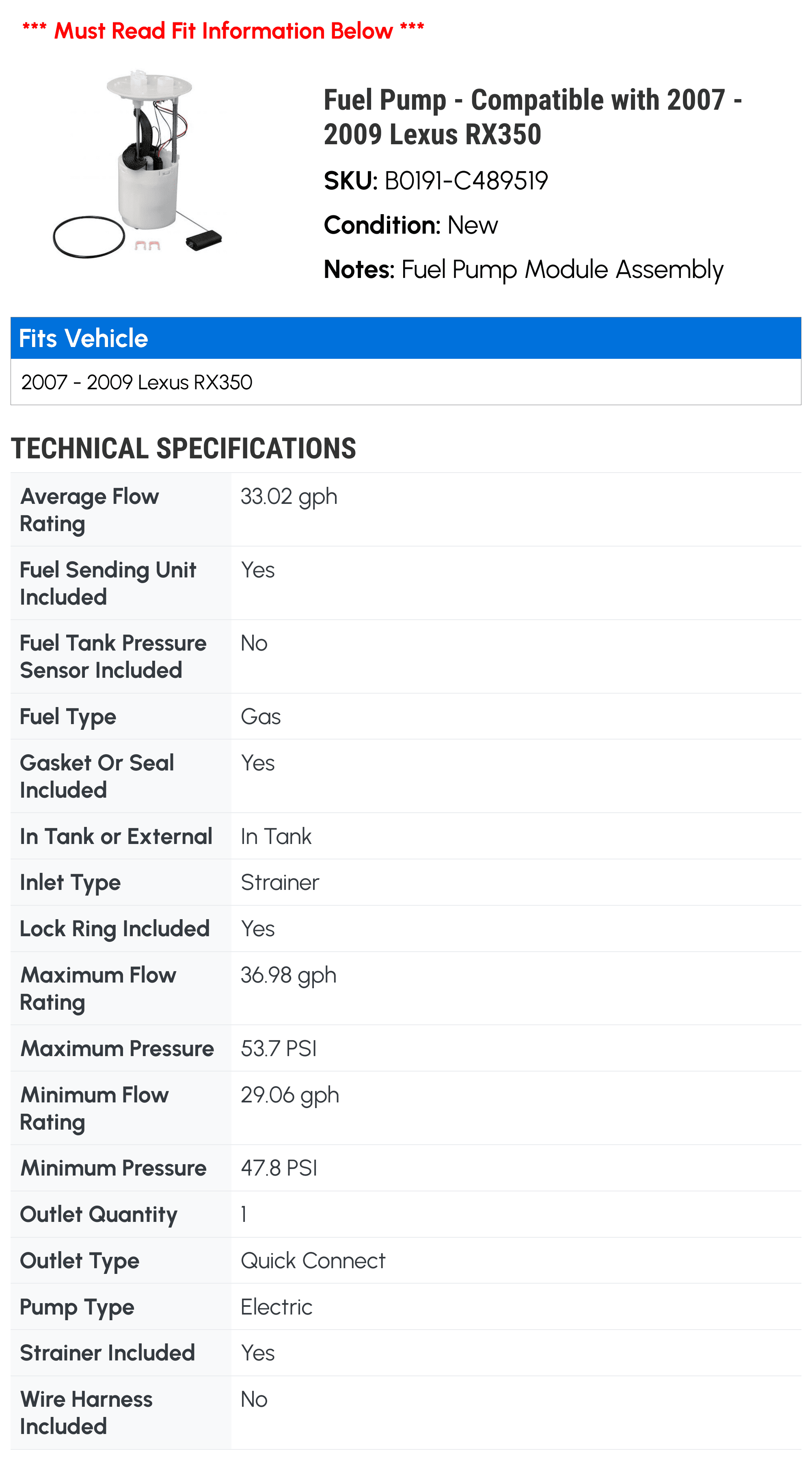 Fuel Pump - Compatible with 2007 - 2009 RX350 2008