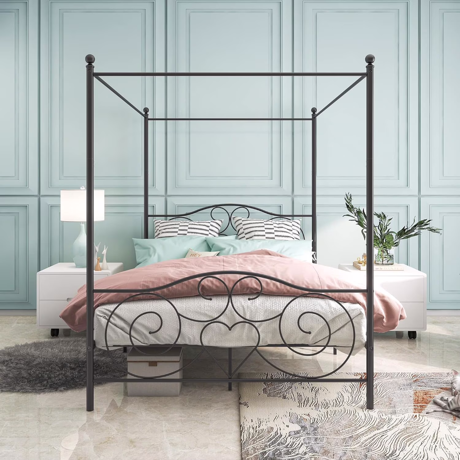 Queen Canopy Bed Frame Meal Canopy Bed Modern 4 Pos Corner Bed Wih Headboard And Fooboard Meal Sla Suppor, No Box Spring Needed
