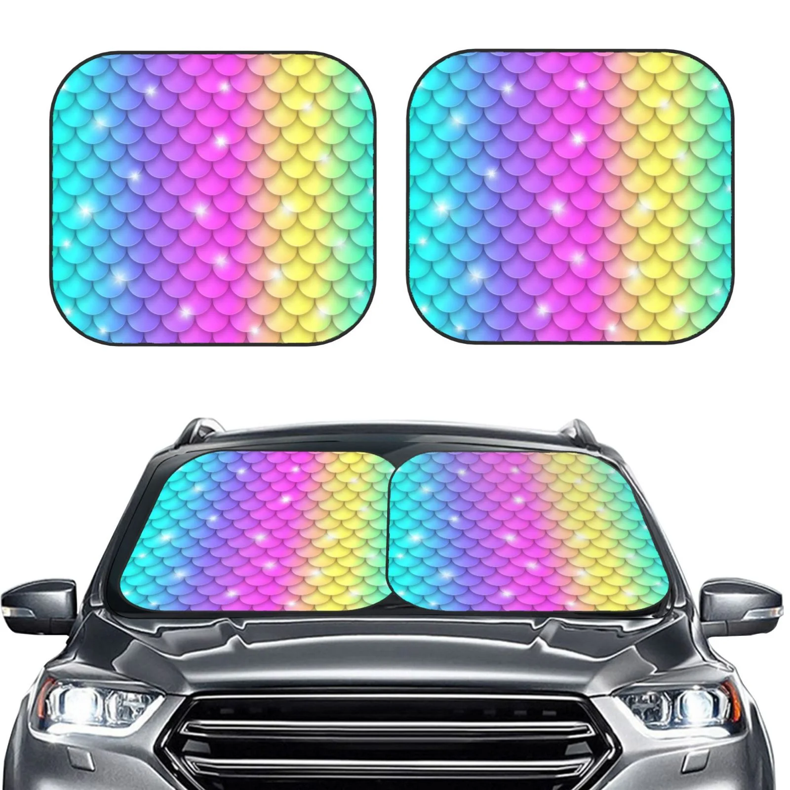Lukts Rainbow Scales2 Print 2 Piece Car Sun Shade Windshield,Foldable Car Shade Front Windshield With Keeps Your Vehicle Cool, For Most Sedans Suv And Trucks - Small