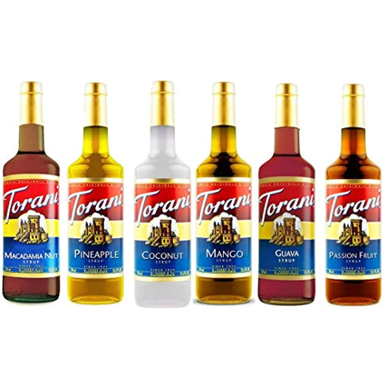 Torani Hawaiian Syrup Variety Pack Of 6 - Macadamia Nut, Pineapple, Coconut, Mango, Guava & Passion Fruit (750 Ml Ea Bottle)