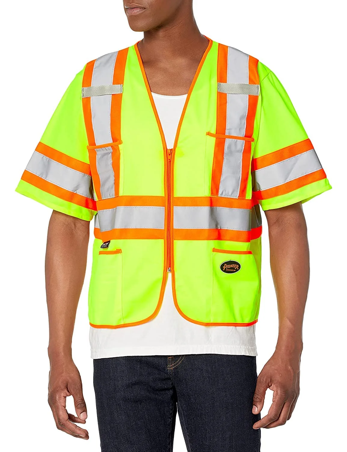 Pioneer High Visibility Tricot Sleeved Safety Vest, Reflective Tape, 4 Pockets, Yellow/Green, Unisex, XL, V1023560U-XL