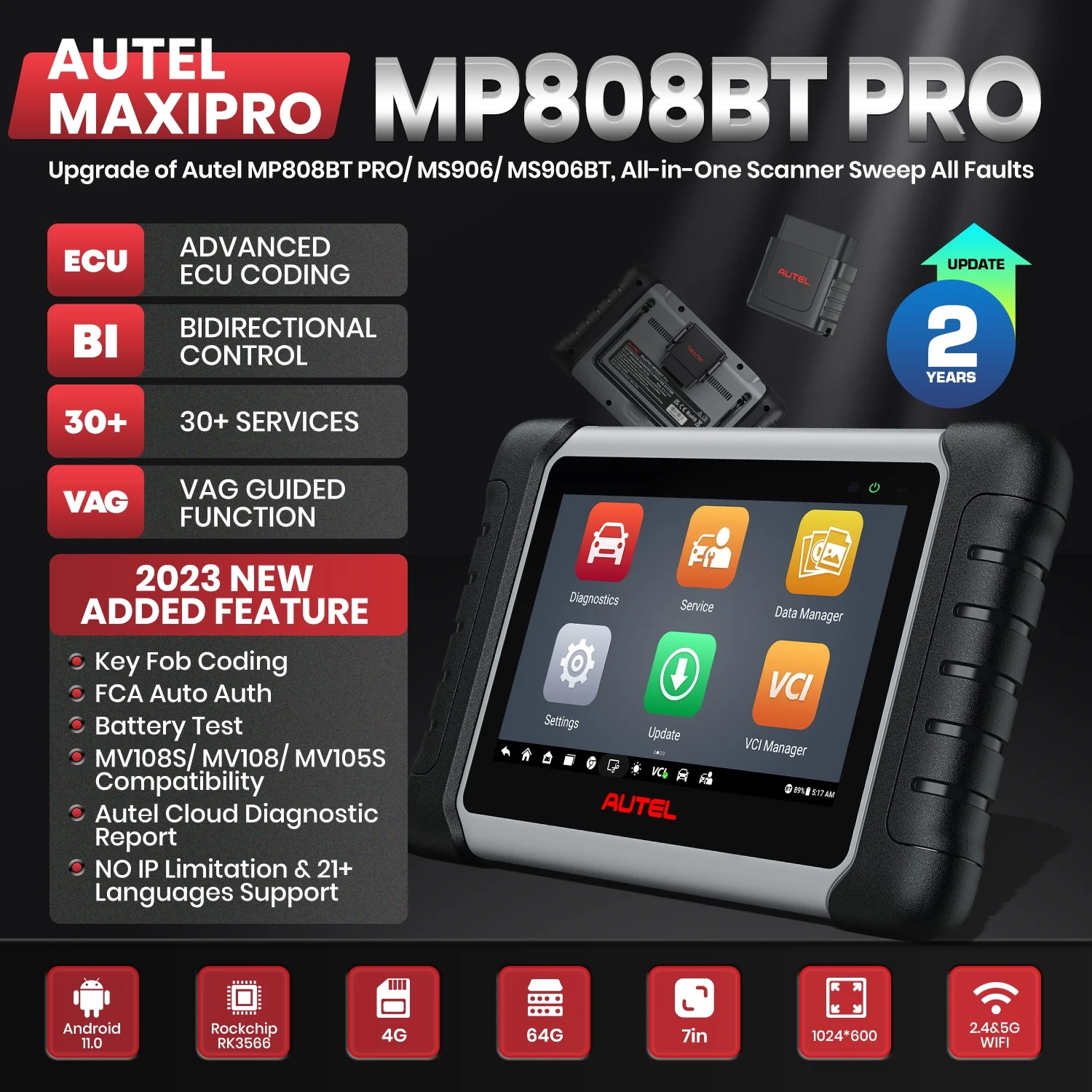 Autel MaxiPRO MP808BT PRO ECU Coding MP808S-BT PRO Diagnostic Scanner Free Gift BT506 Battery Tester (Value$195)  Bi-Directional Control 30+ Services Android 11.0