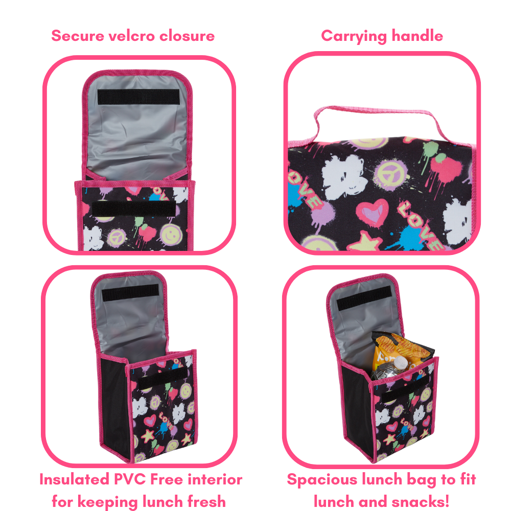Club Libby Lu Heart Love Girls Backpack with Lunch Box and Water Bottle 6 Piece Set 16 inch Black