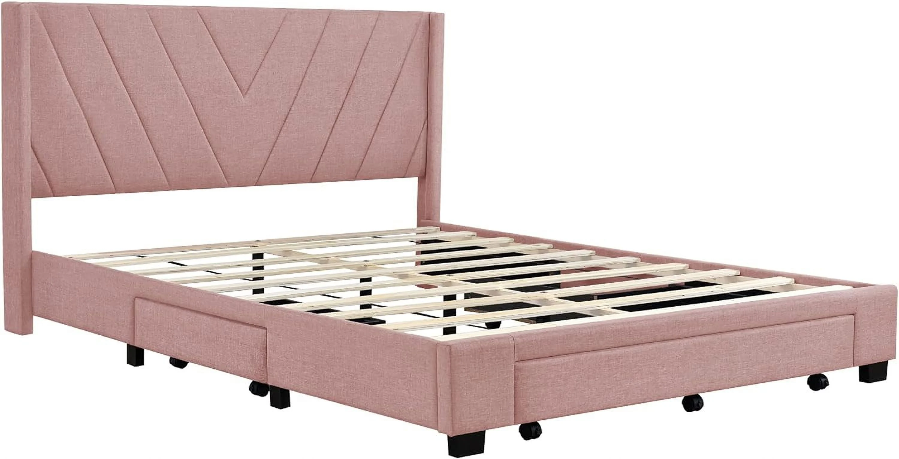 Queen Bed Frame with Storage Upholstered Platform Bed Frame with 3 Drawers and Headboard Modern Linen Queen Size Beds with Wooden Slats Support, No Box Spring Box Needed