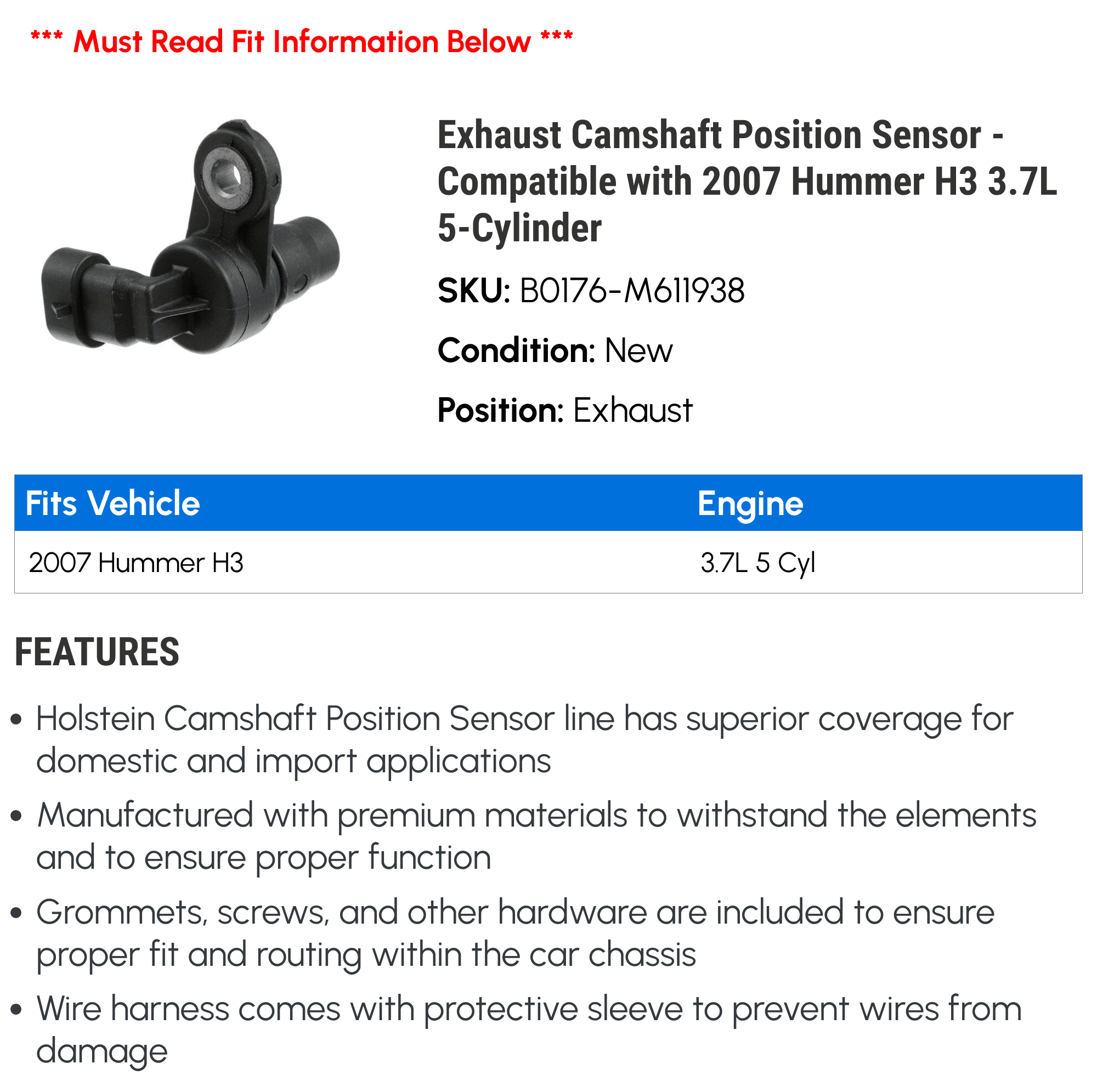 Exhaust Camshaft Position Sensor - Compatible with 2007 Hummer H3 3.7L 5-Cylinder