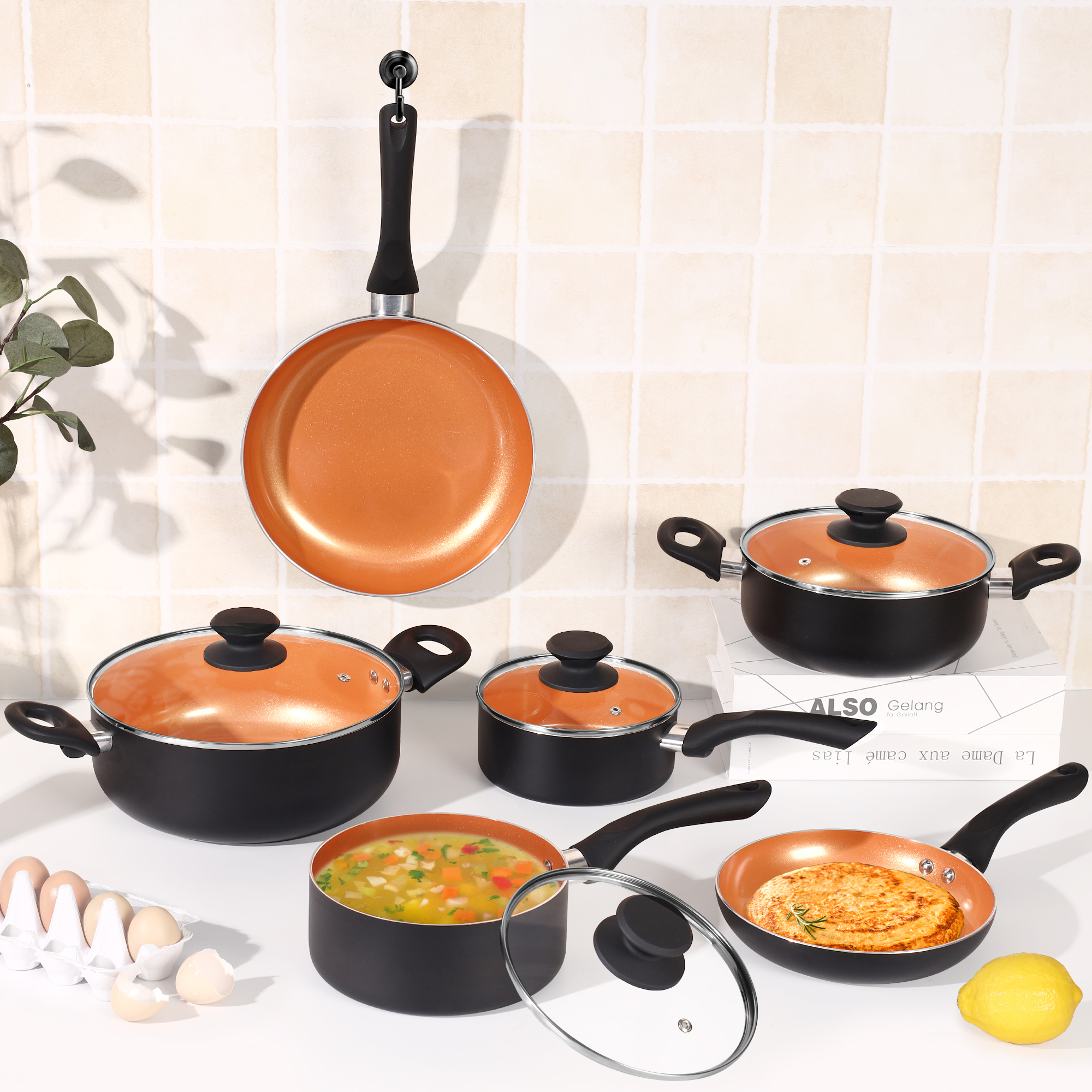 Scafild | 10-Piece Ceramic Nonstick Aluminum Cookware Set - Black & Copper