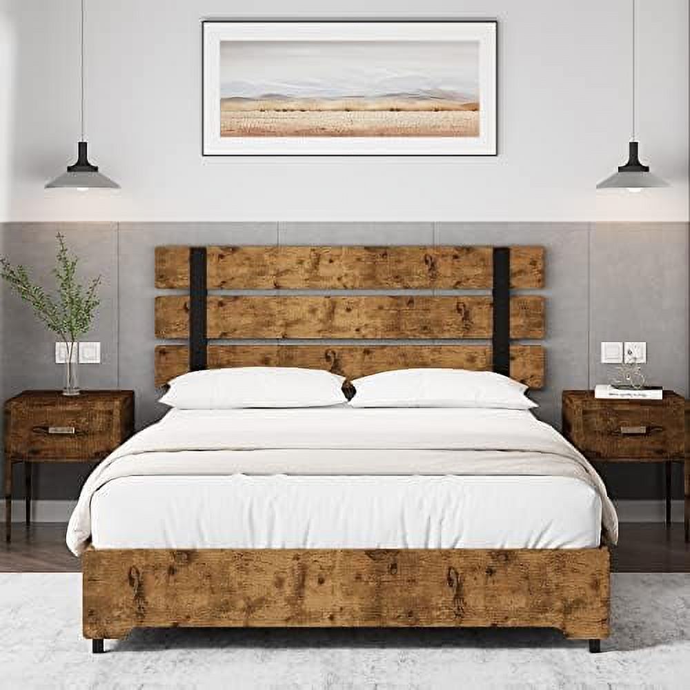 xrboomlife Queen Bed Frame with 4  Drawers  Rustic Wooden Headboard and Footboard Platform Bed Frame with Strong Wood Slats and 9 Metal Legs Support  No Box Spring Needed  Easy Assembly