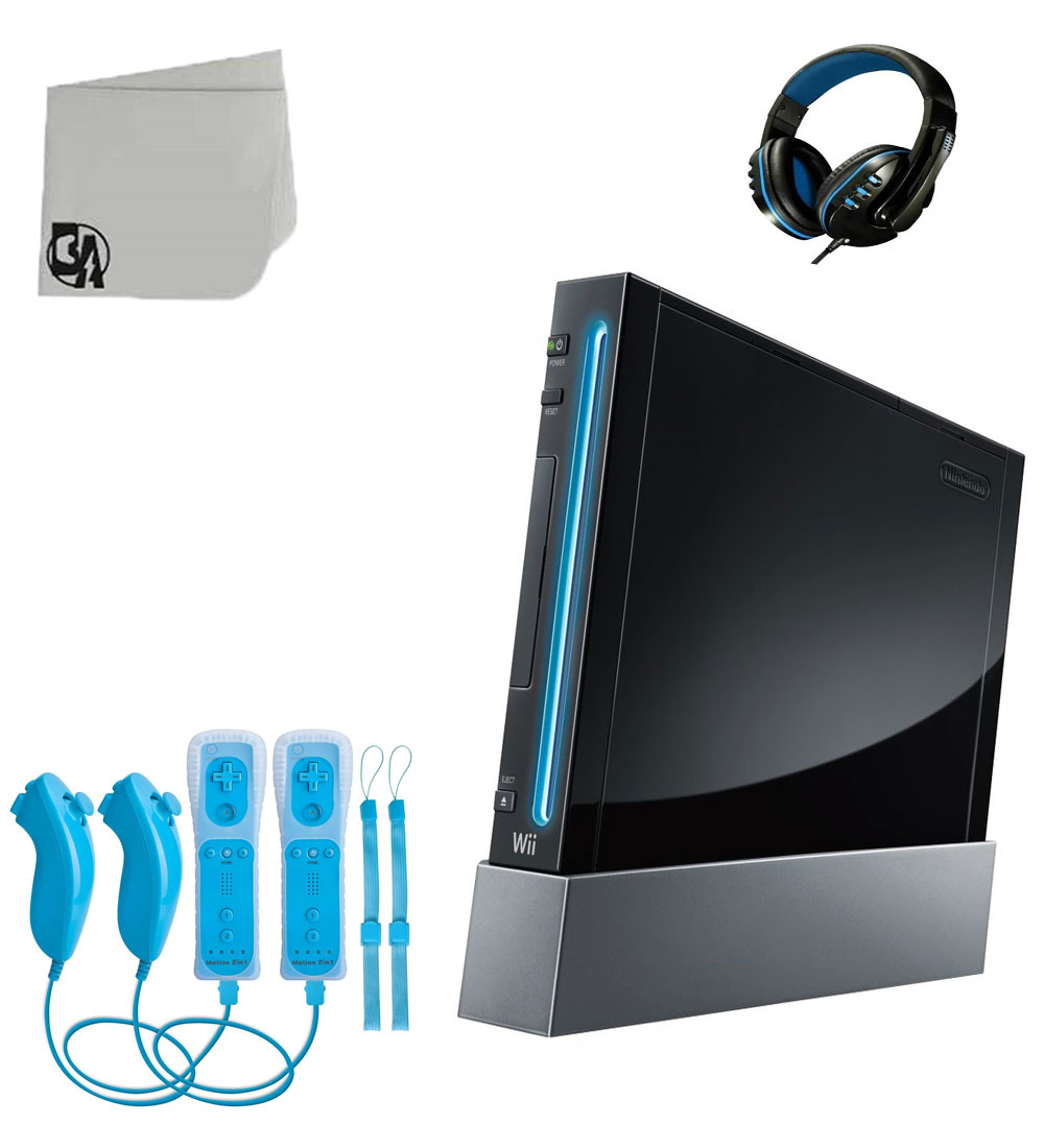 Nintendo Wii Black Gaming Console With 2 Waterblue Gaming Controller + Head Set BOLT AXTION Bundle Like New
