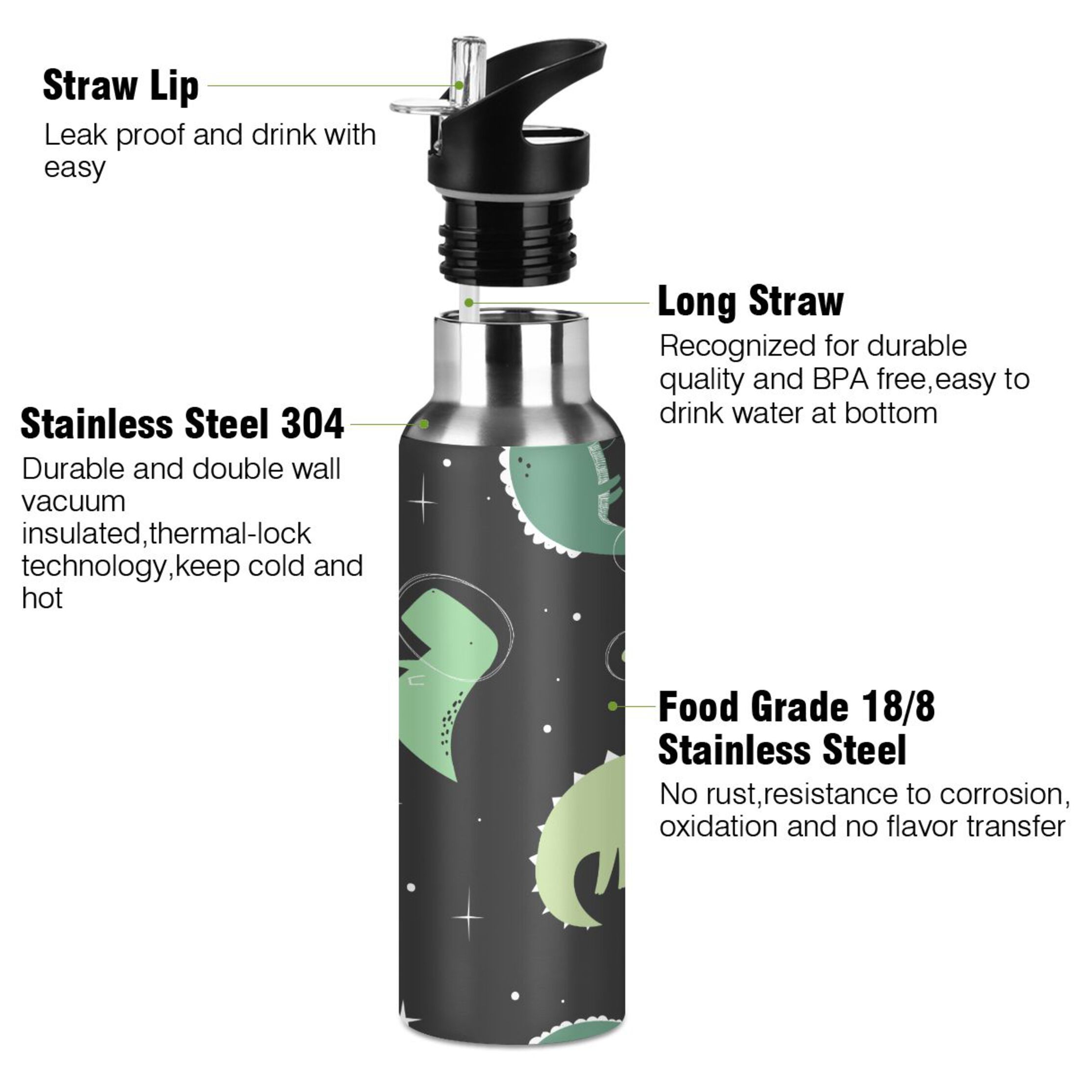 Water Bottle with Straw Lid Leak Green Dinosaur Black Galaxy Stainless Steel Insulated Thermos Vacuum Flask for Cold Hot Drinking for Sports Camping Gym Yoga