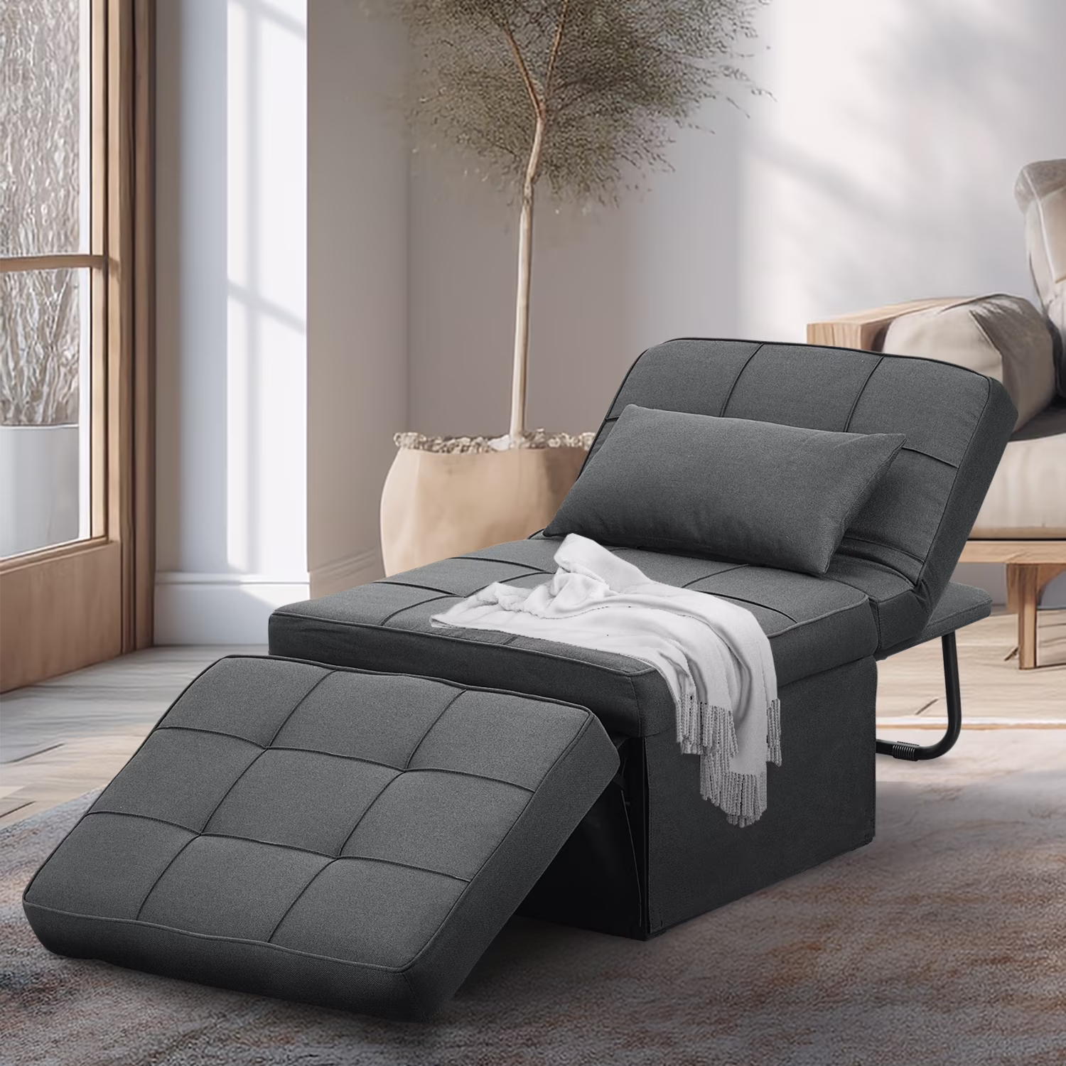 Ainfox Folding Sofa Bed, Convertible Ottoman Chair Chaise Sofa Bed 4 in 1 Multi-Function Modern Breathable Linen Couch Bed Guest Bed Lounge with Adjustable Sleeper ,Dark Grey