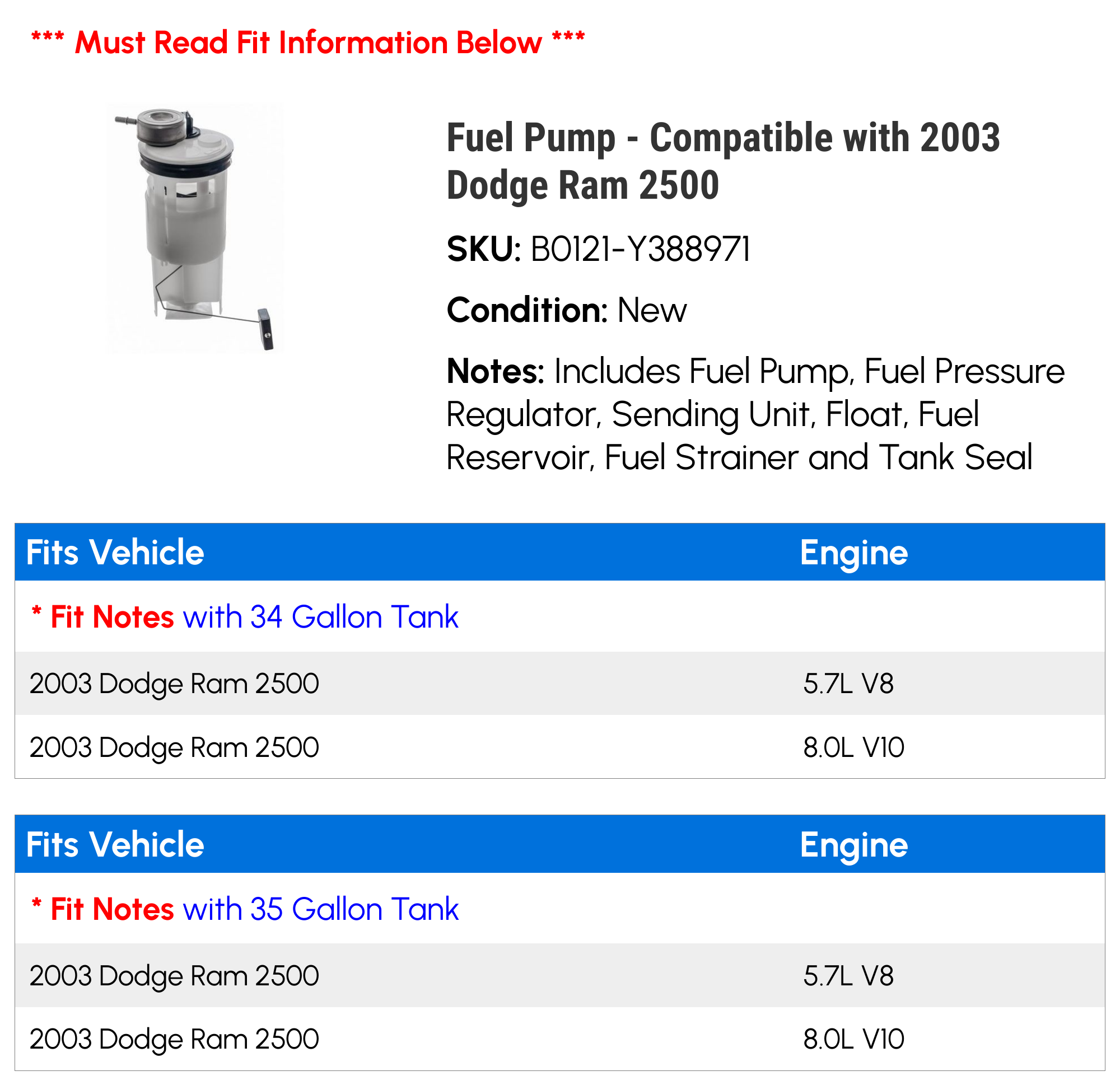 Fuel Pump - Compatible with 2003 Dodge Ram 2500