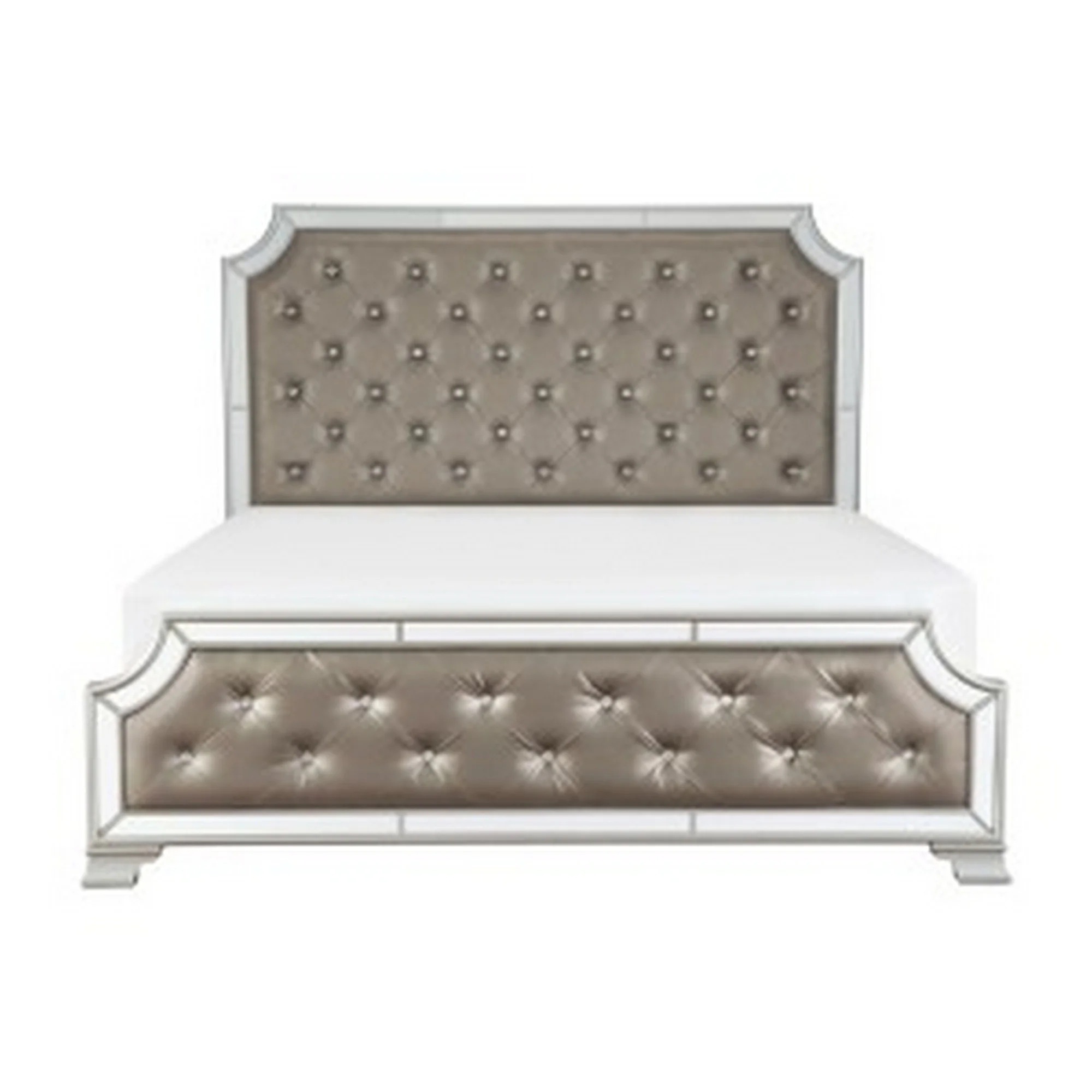 Benjara Badra Queen Bed with Crystal Button Tufting, Mirror Trim, Gray Faux Leather