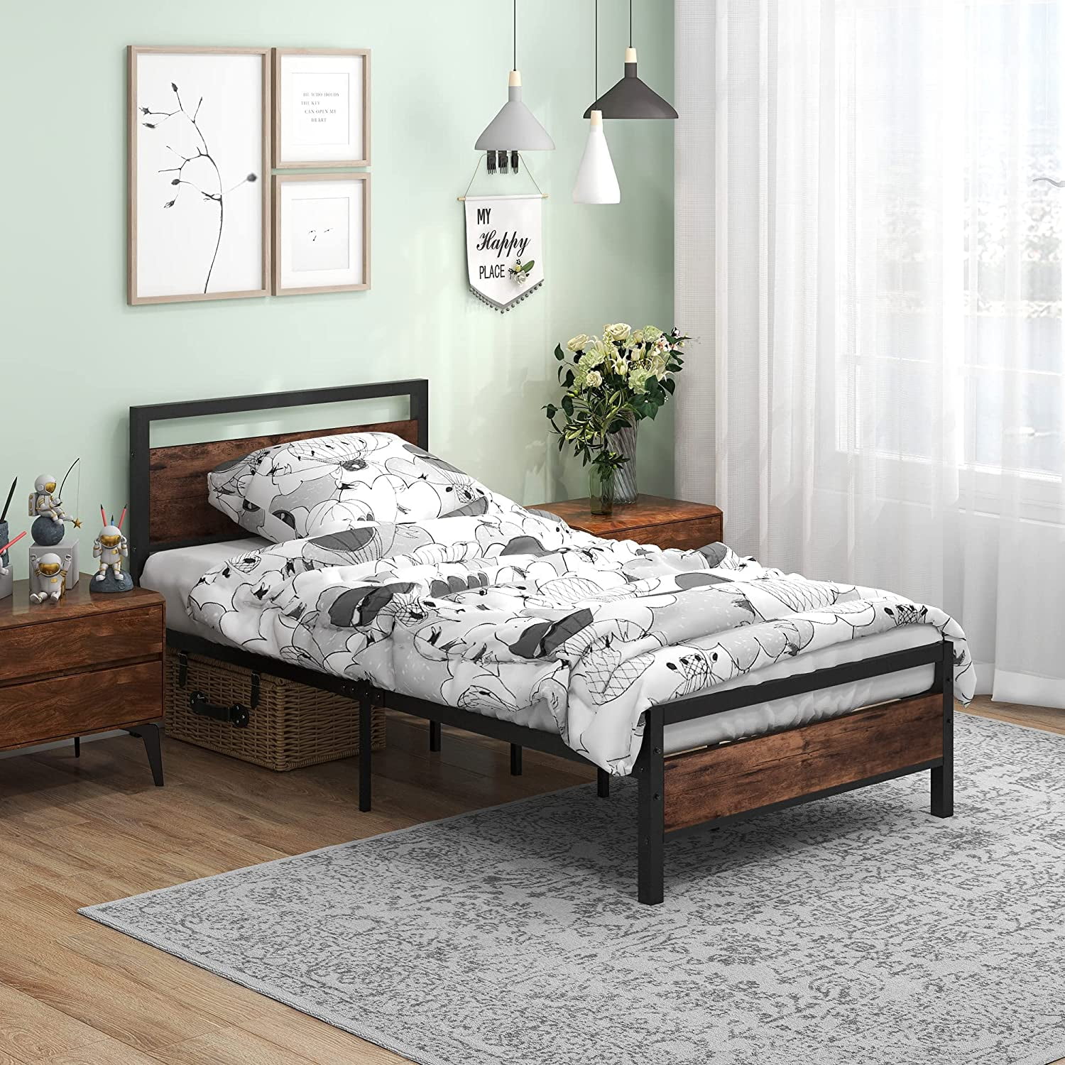 King Size Bed Frames with Wood Headboard and Footboard Heavy Duty Platform Bed Frame with Storage No Box Spring Needed Steel Slats Mattress Foundation Square Pipe Design Noise Free Brown