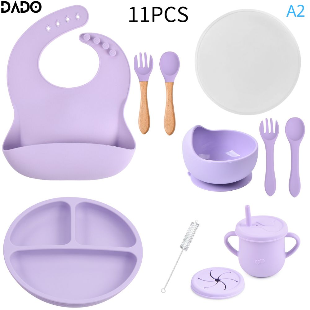 Baby Led Weaning Supplies Silicone Dishes Feeding Set Suction Cup Bowl Divided Plate Toddler Kids Eating Kit Tableware with Lid