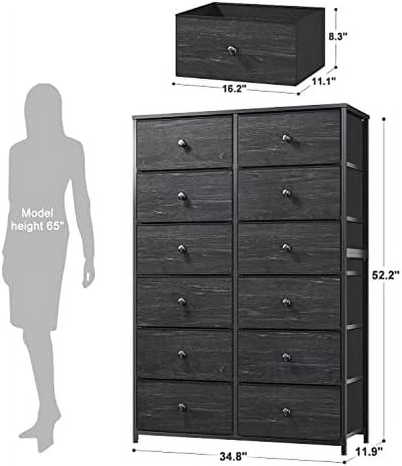 12 Drawer Dresser  Tall Dressers for Bedroom with Wooden Top and Metal Frame  Black Dresser & Chest of Drawers for Bedroom  Closet Living Room  Black Grey  11.9" D x 34.8" W x