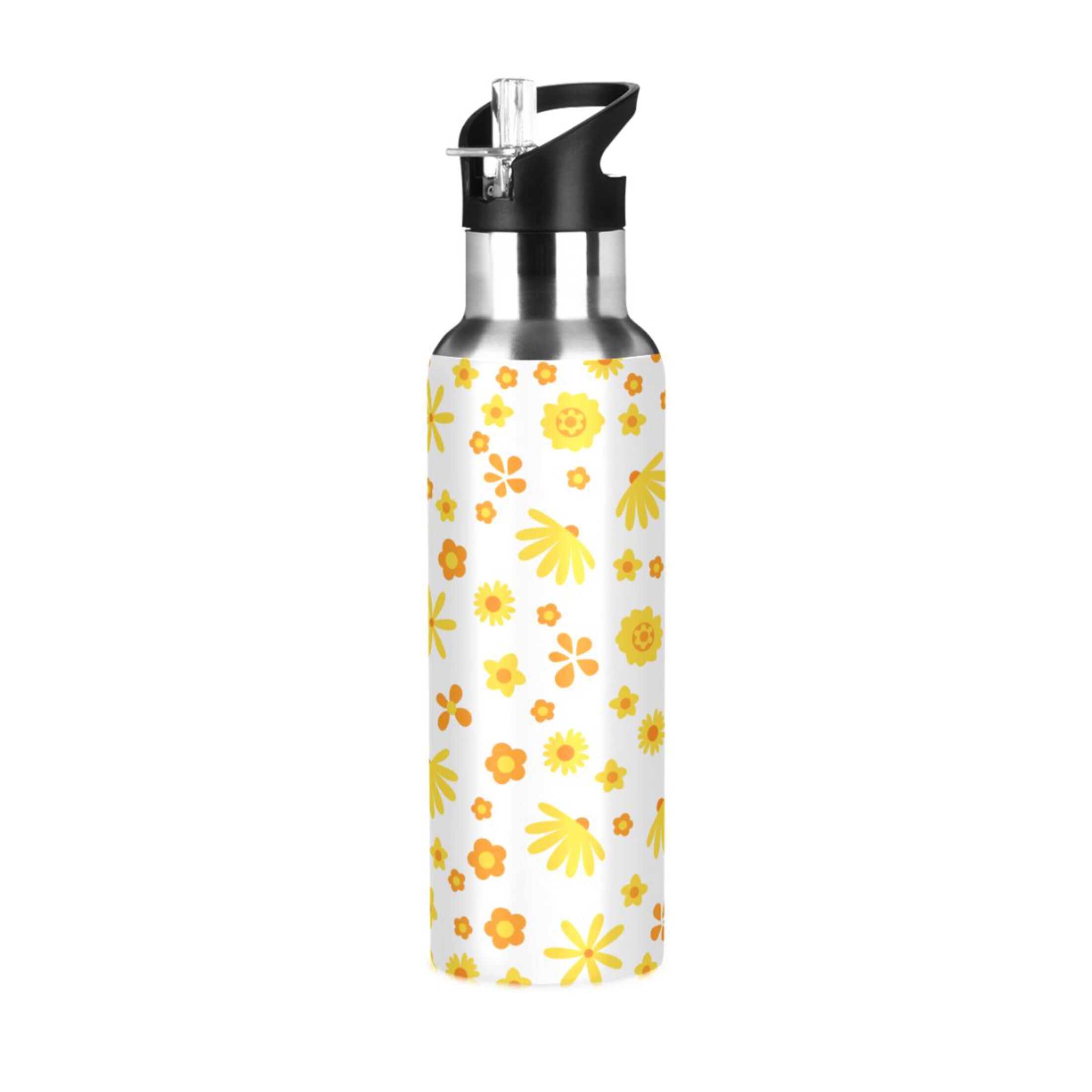 Water Bottle with Straw Lid Leak Daisy Floral Stainless Steel Insulated Thermos Vacuum Flask for Cold Hot Drinking for Sports Camping Gym Yoga