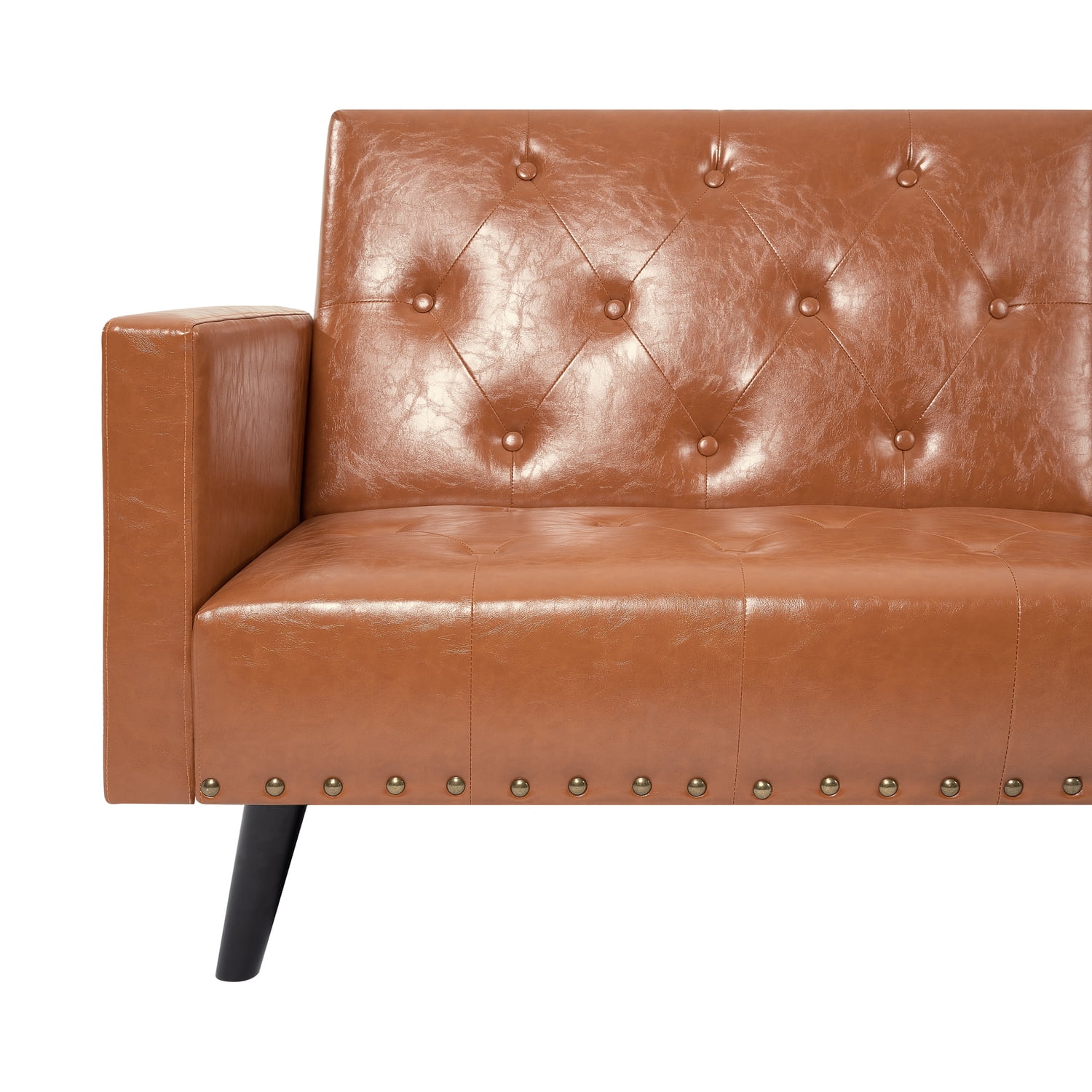 Convertible Split-Back Futon Sofa Furniture, Tufted Sofa Bed with Nail head Trims for Living Room, Apartment, Caramel, Faux Leather