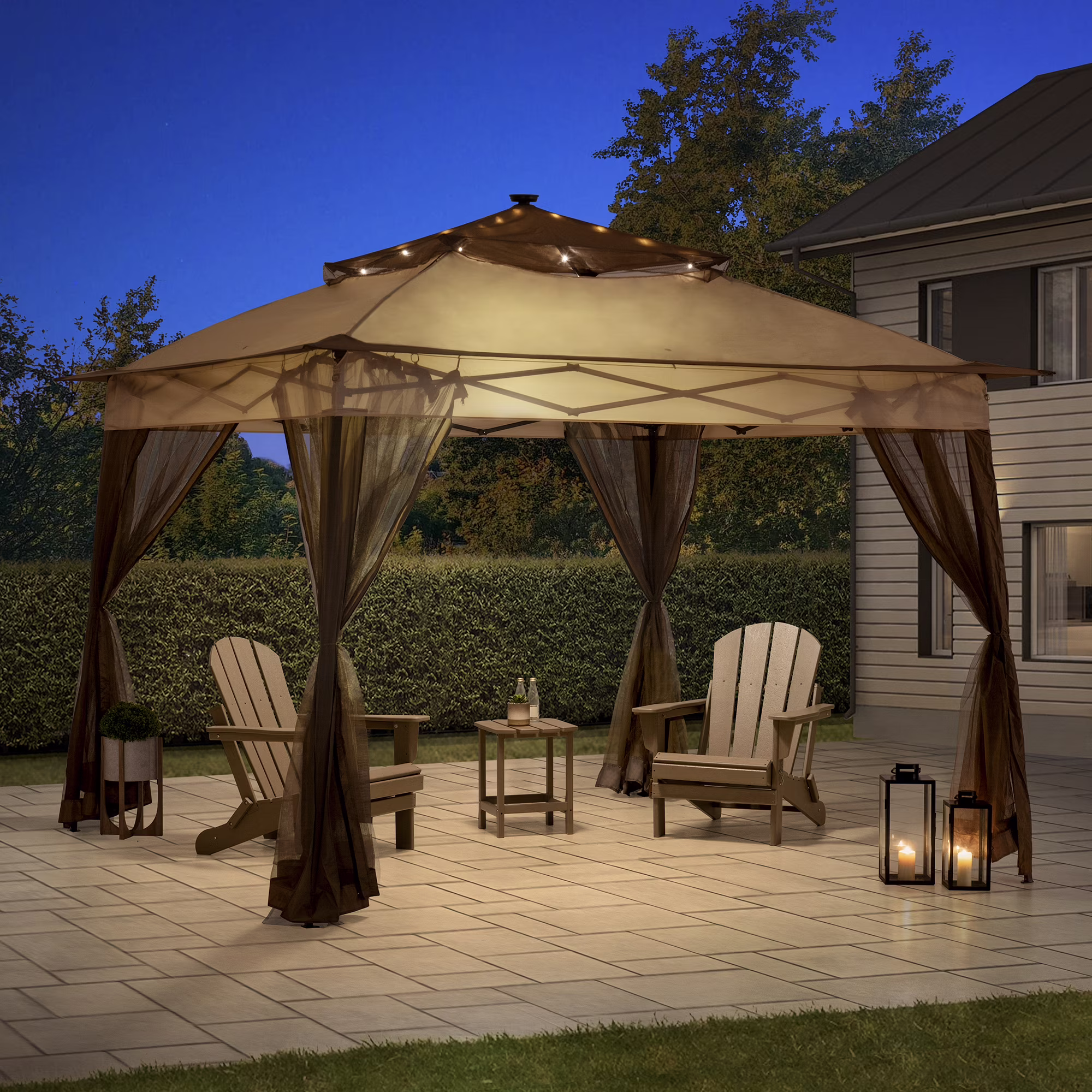 Sunjoy 11x11x9.5 ft. Outdoor Pop up Steel Frame Brown Soft Top Gazebo with Solar LED Lighting