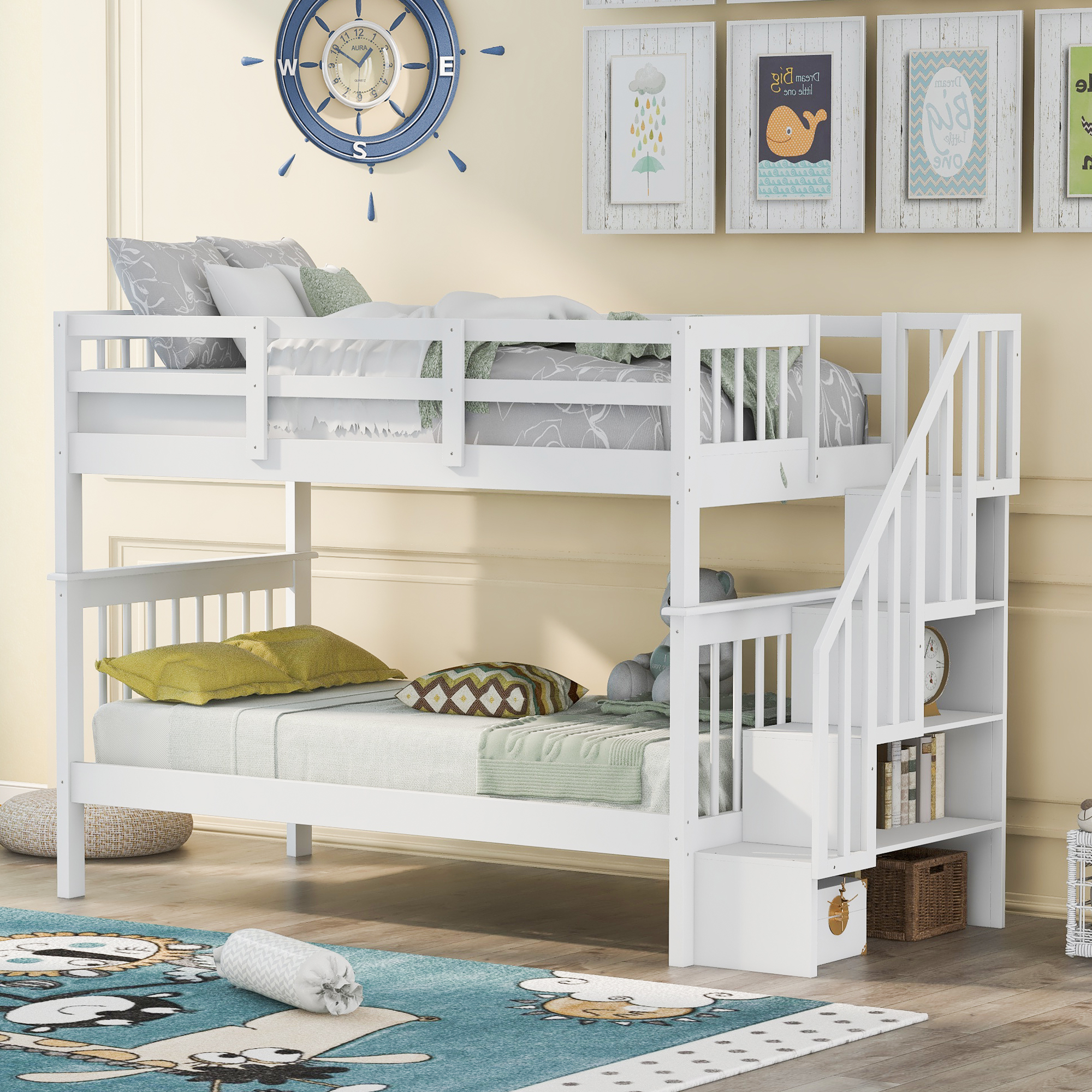 Twin-Over-Twin Stairway Bunk Bed with Storage and Guard Rail, Pine Wood Frame and Stairway for Kids, Teens, Boys and Girls, No Box Spring Needed for Bedroom, Dorm