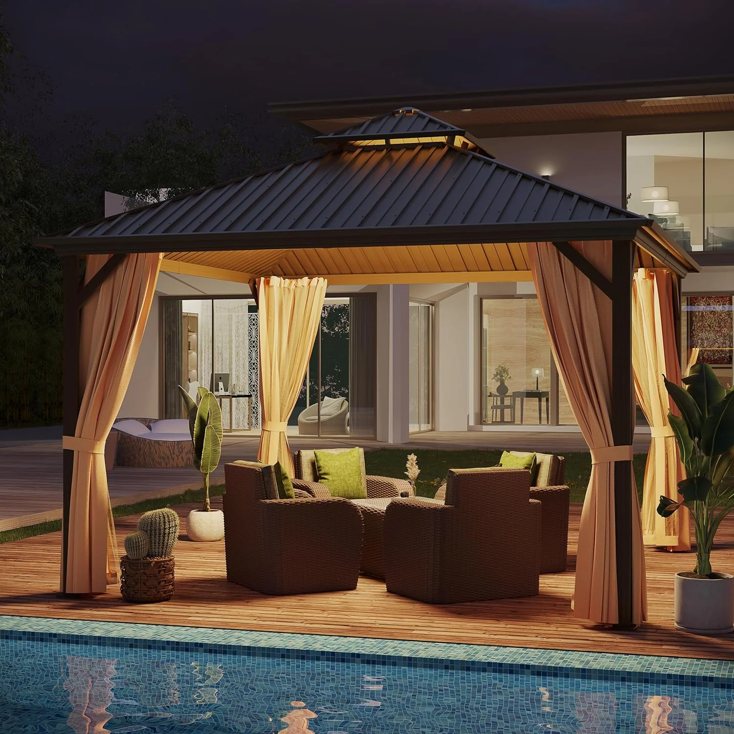 GAZEBETER 12x12 ft Hardtop Gazebo Outdoor Aluminum Patio Gazebo Double Roof Galvanized Steel Gazebo Canopy with Netting and Curtains,for Garden Patio,Patio Backyard,Deck and Lawns