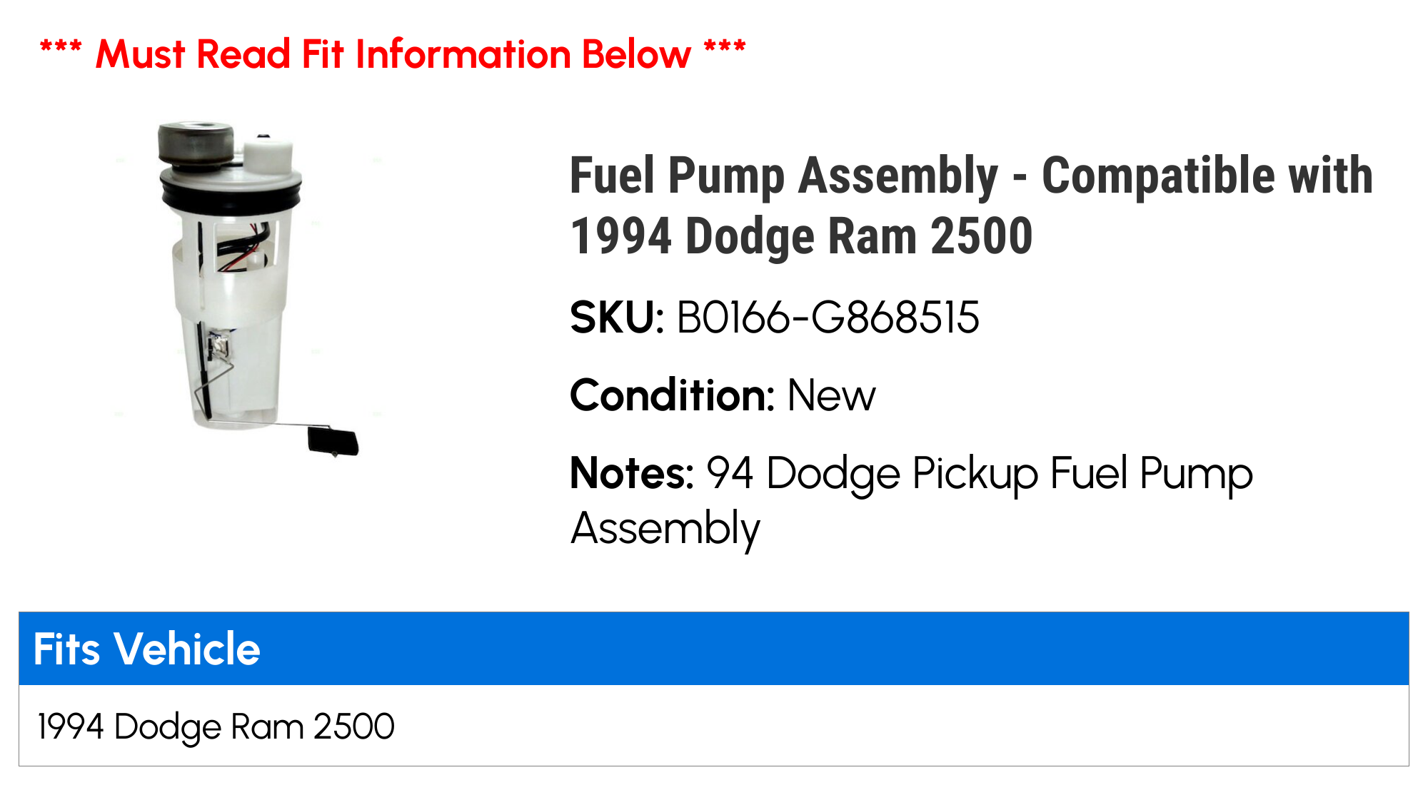 Fuel Pump Assembly - Compatible with 1994 Dodge Ram 2500