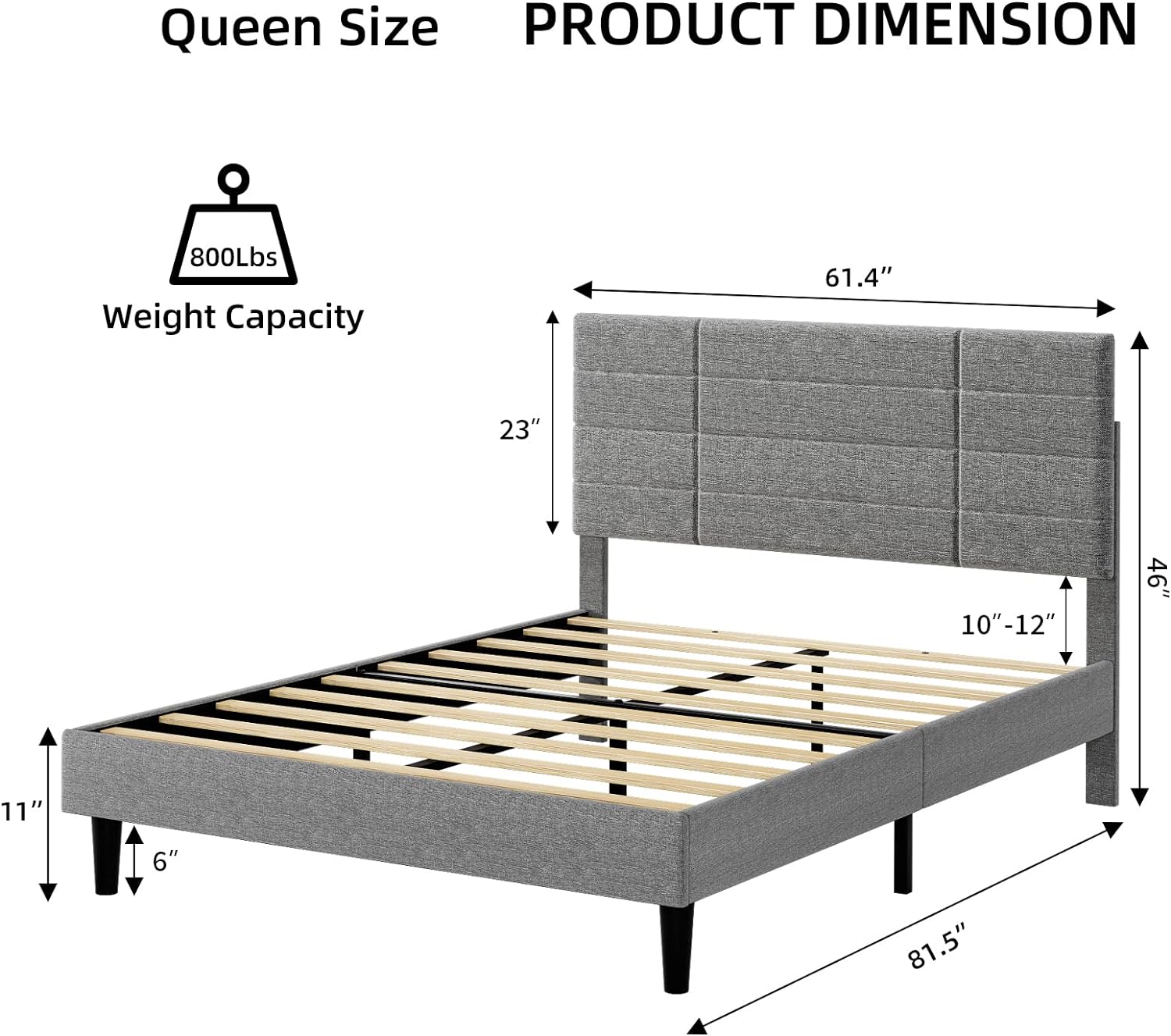 Queen Size Platform Bed Frame  Upholstered Bed Frame with Modern Adjustable Headboard  Mattress Foundation  Wood Slat Support  No Box Spring Needed  Light Grey