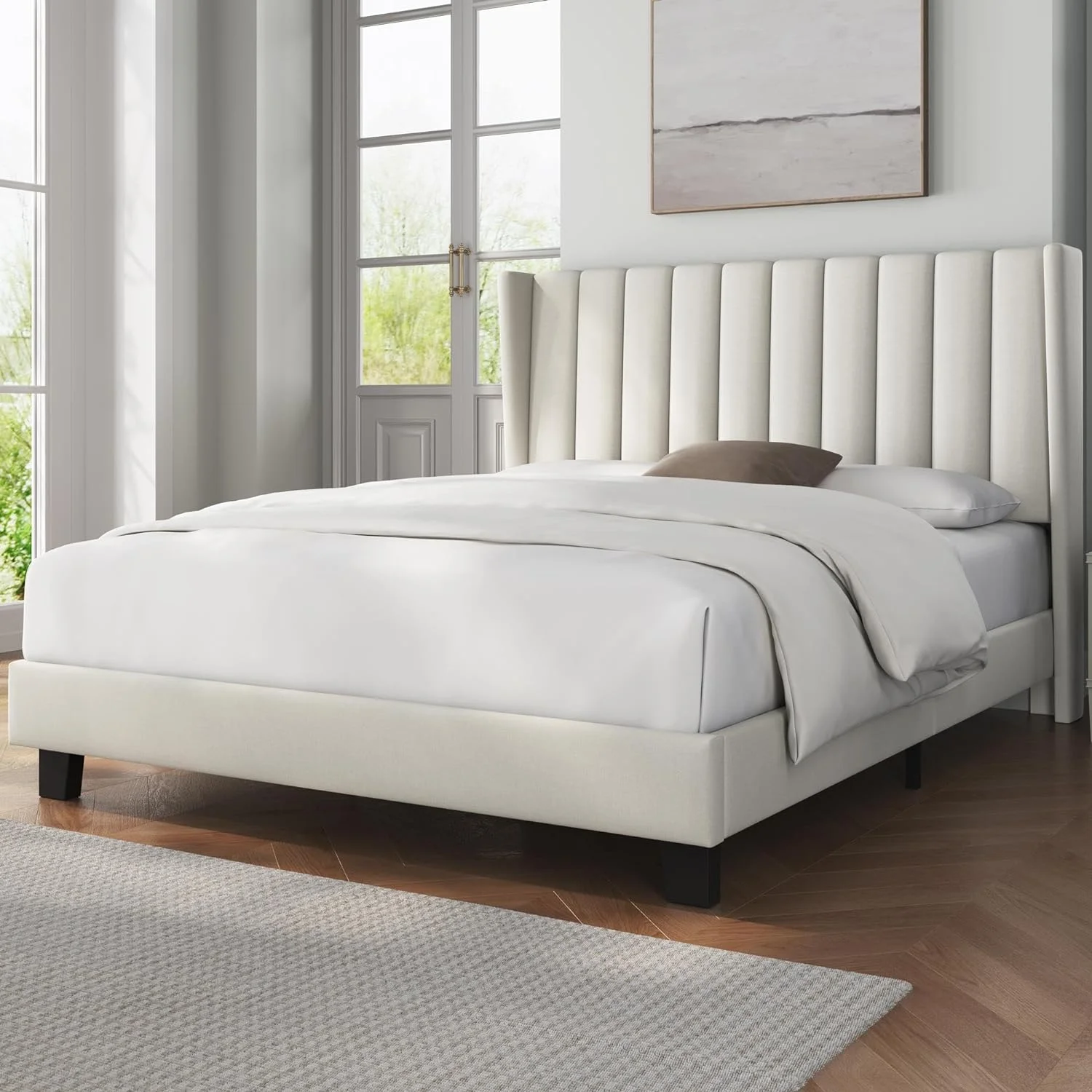 Queen Bed Frame Upholstered Platform Bed with Fabric Headboard, Wing Edge Design/Non-Slip and Noise-Free/Wooden Slats Support/No Box Spring Needed/Easy Assembly, Beige Queen Bed