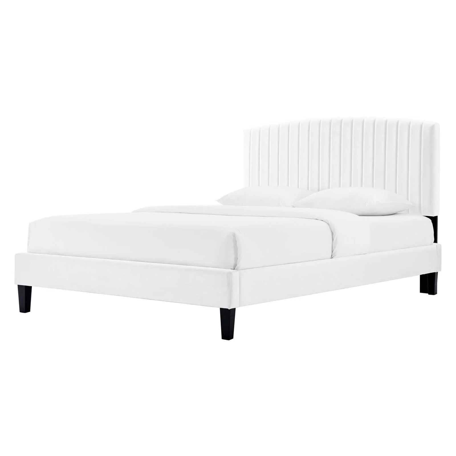 Platform Bed Frame, King Size, White, Velvet, Modern Contemporary, Bedroom Master Guest Suite Room