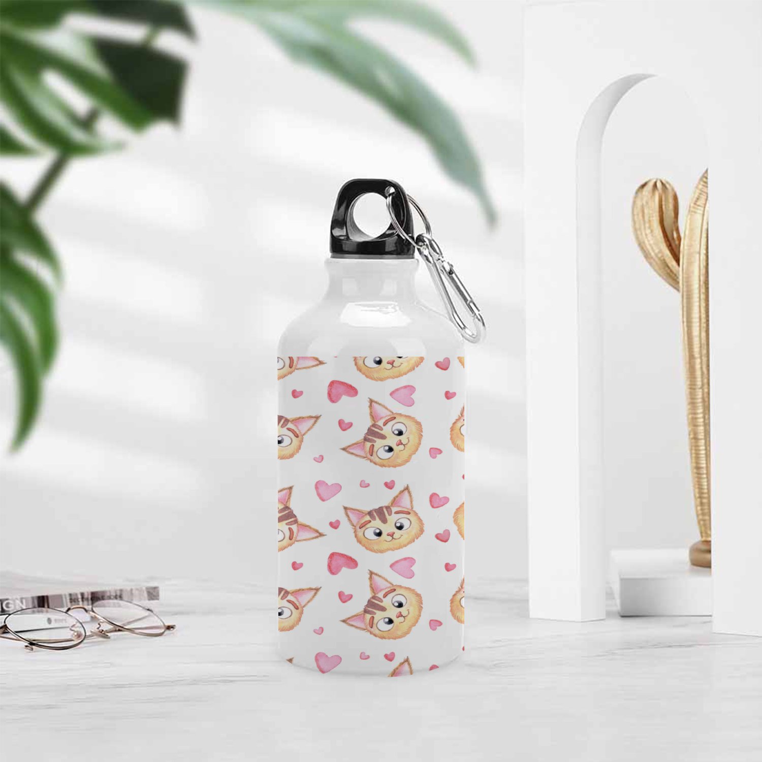 GZHJMY Sports Water Bottles, Cat Head and Pink Hearts for Lovers Large Capacity Aluminium Portable Leakproof Lightweight Drink Bottles for Fitness and Outdoor Enthusiasts