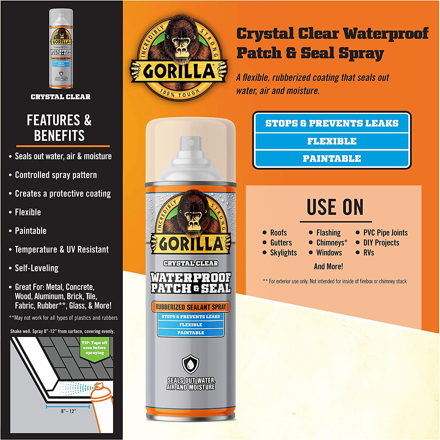 Gorilla Waterproof Patch & Seal Rubberized Sealant Spray, Crystal Clear, 14oz (Pack of 2) 2 - Pack