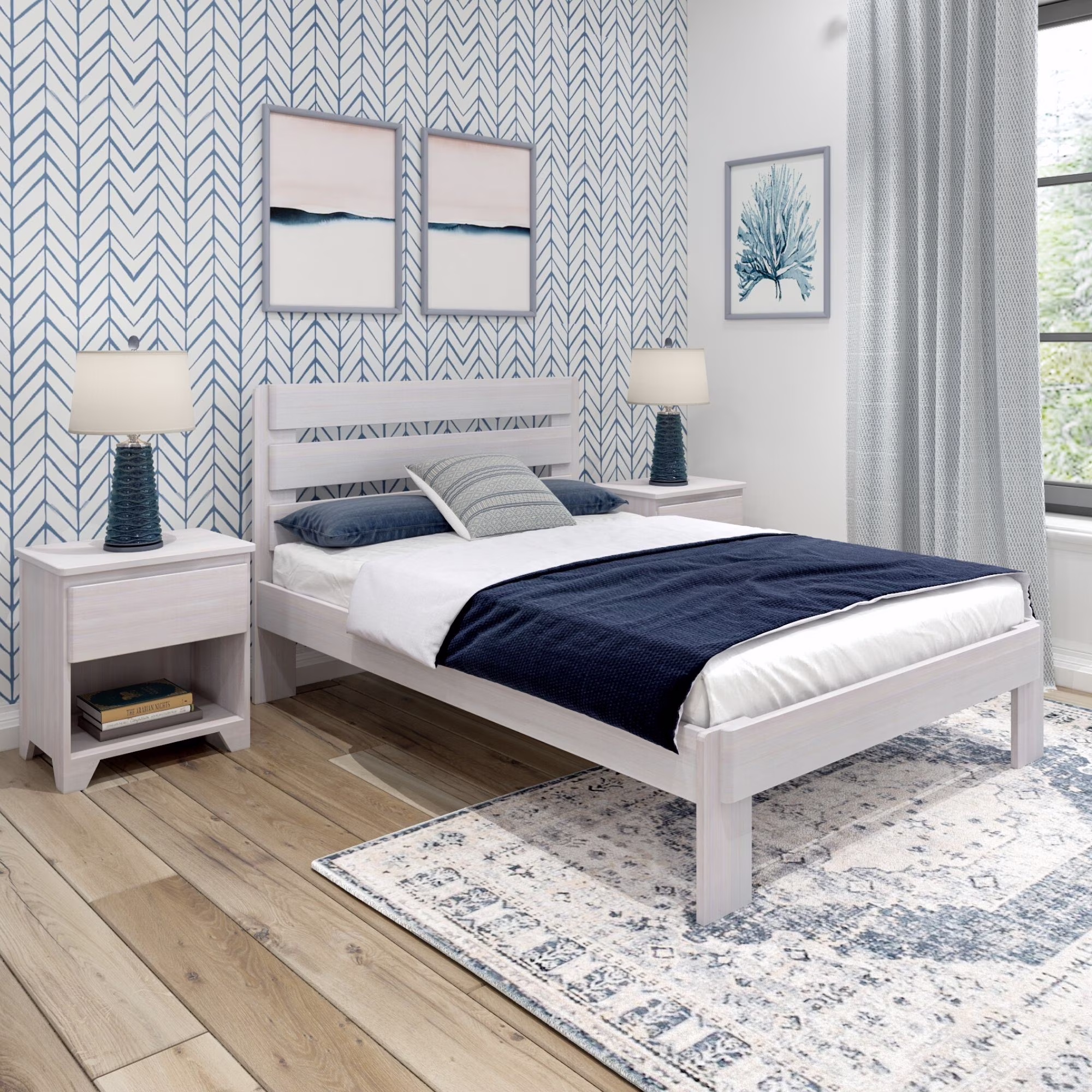 Plank+Beam Farmhouse Full Size Bed Frame with Plank Headboard, Solid Wood Platform Bed, White Wash