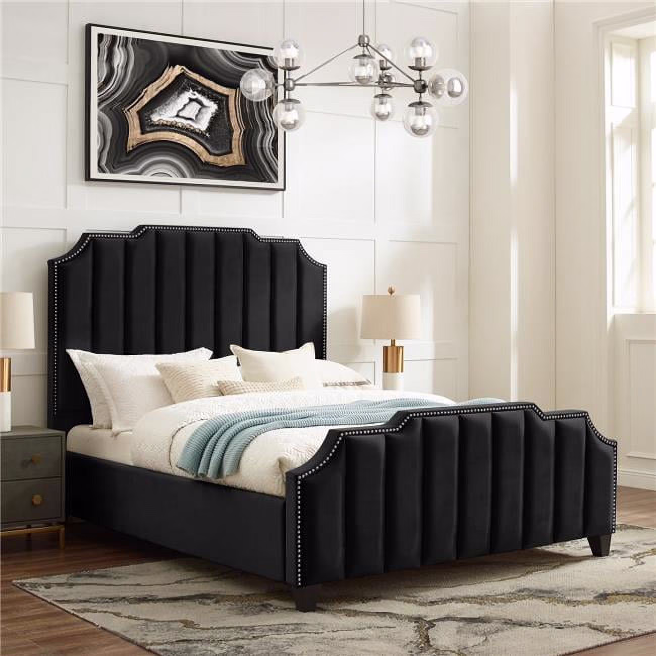 Posh Living  Posh Living Poppy Velvet Channel Tufted Queen Bed with Silver Nailhead Trim, Black