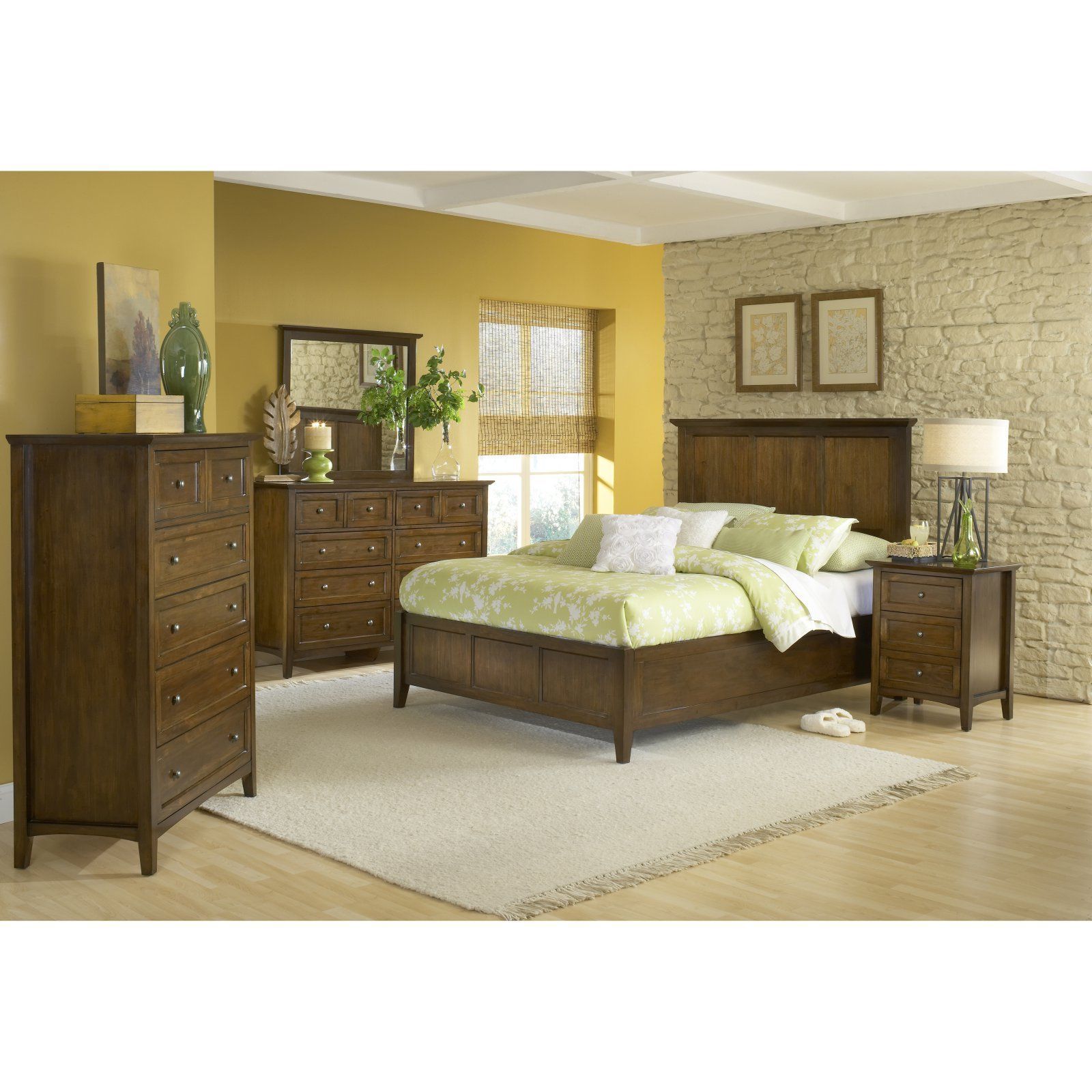 Pantego 6PC Queen Bed, 2 Nightstand, Dresser, Mirror & Chest Set in Pecan Mahogany