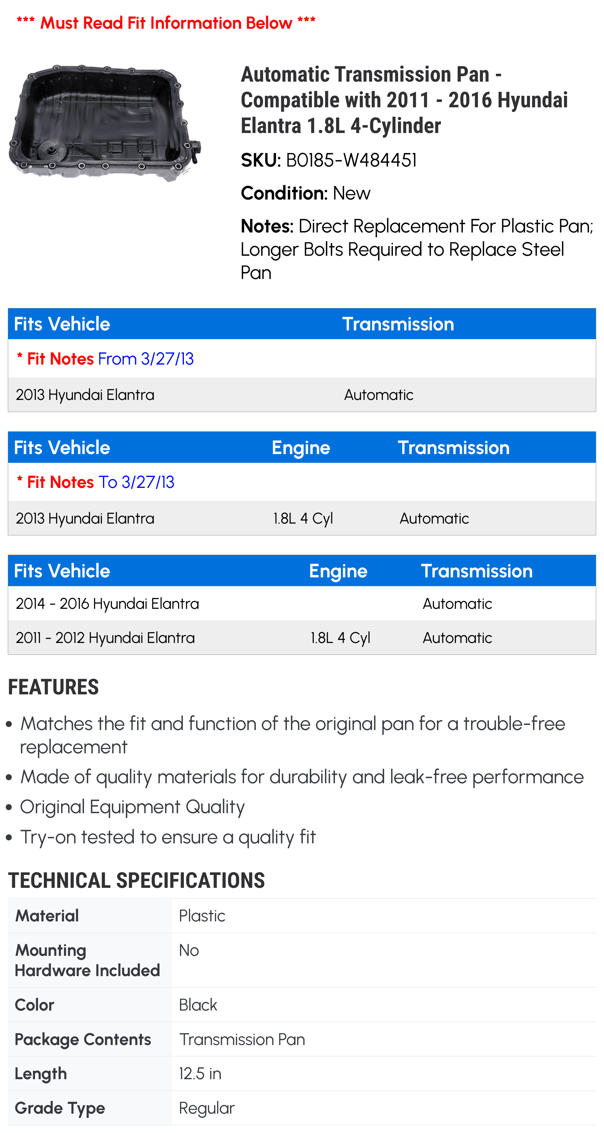 Automatic Transmission Pan - Compatible with 2011 - 2016 Hyundai Elantra 1.8L 4-Cylinder 2012 2013 2014 2015