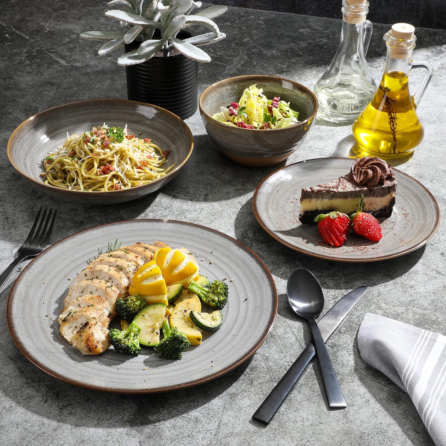 16 Piece Double Bowl Dinnerware Set: Double Your Dining Delight Stoneware Matte Gray Service for 4 Dessert plates