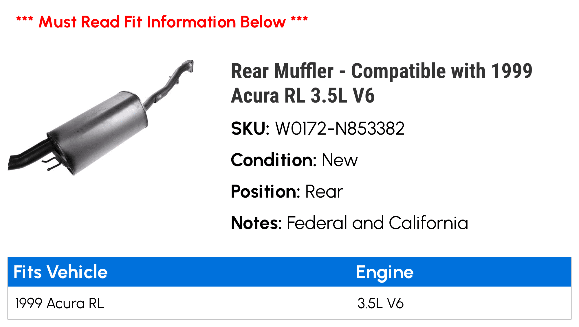 Rear Muffler - Compatible with 1999 Acura RL 3.5L V6
