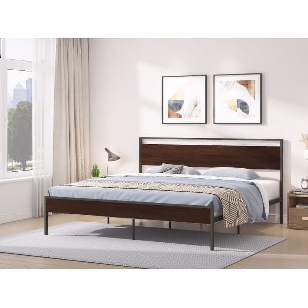 Ceres Metal Bed, Black with Walnut wood Headboard&Footboard, King