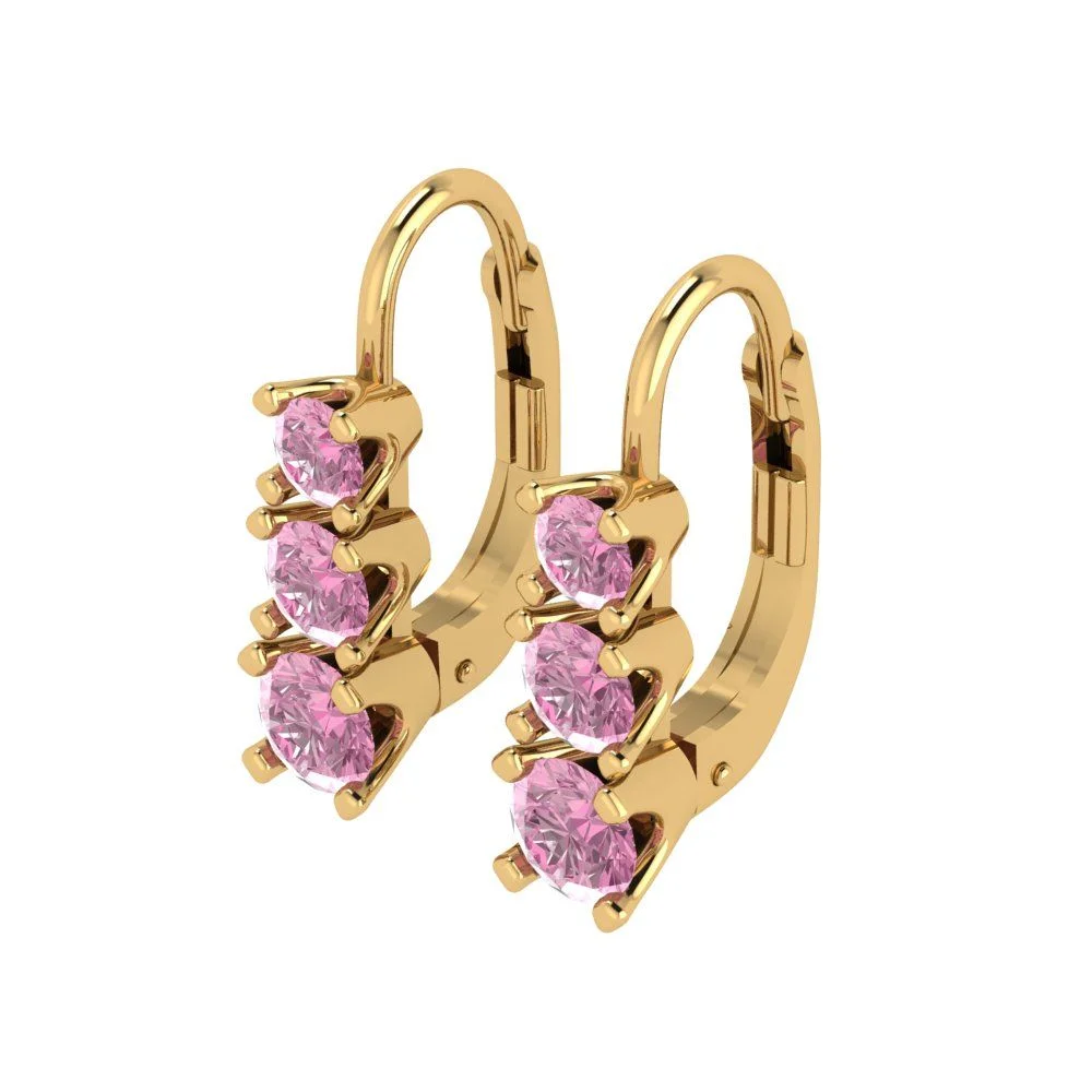 1.06 ct Brilliant Round Cut Drop Dangle Simulated Pink Diamond 18K Yellow Gold Earrings Lever Back