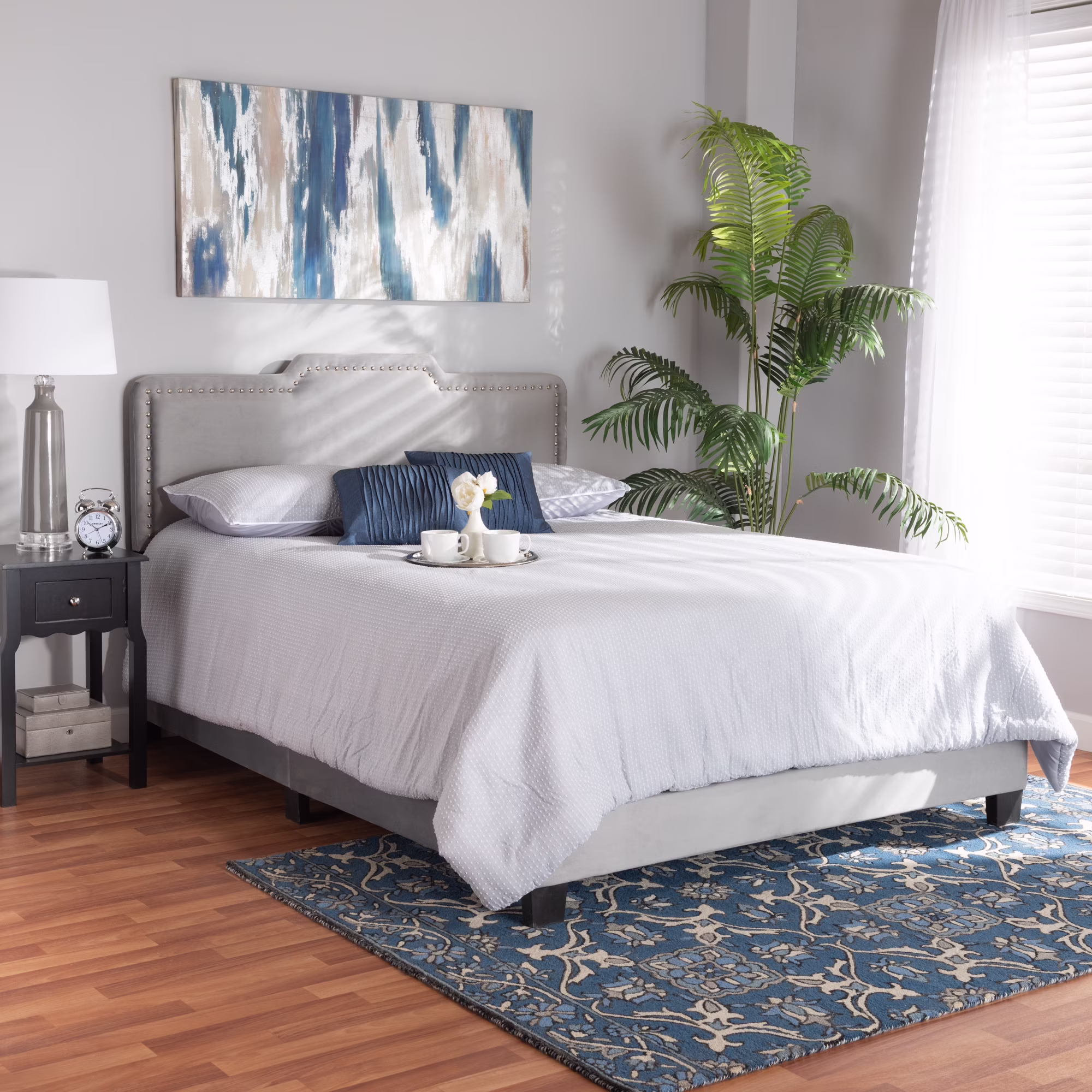 Baxton Studio Benjen Contemporary/Modern Velvet Back Support Panel Bed, Queen, Grey/Black