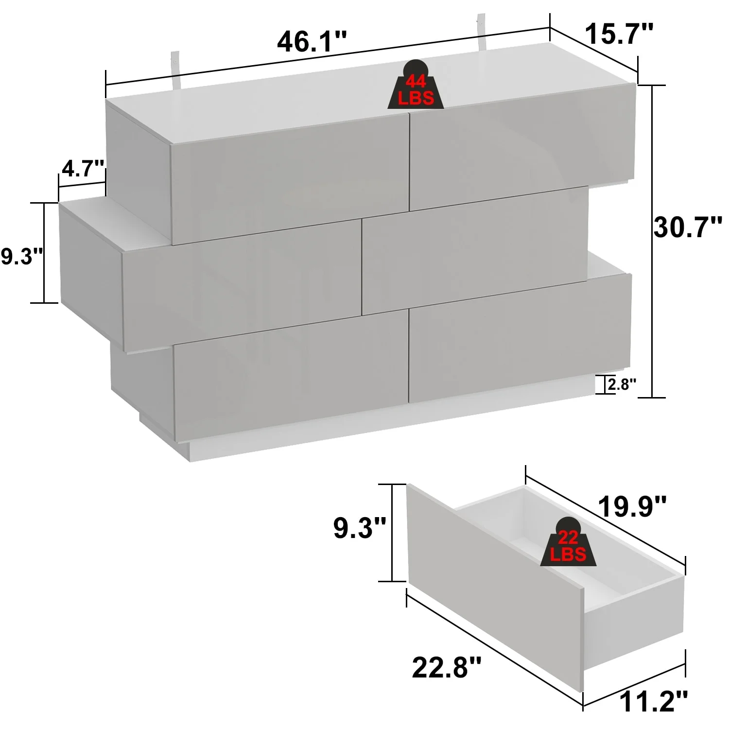 6 Drawers Dresser High Gloss Dresser Chest Off-Set Design Buffet White