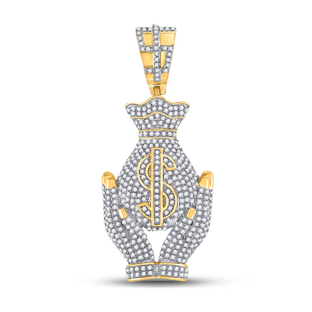 Men's Solid 10kt Yellow Gold Round Diamond Money Bag Hands Charm Pendant 1-1/3 Cttw