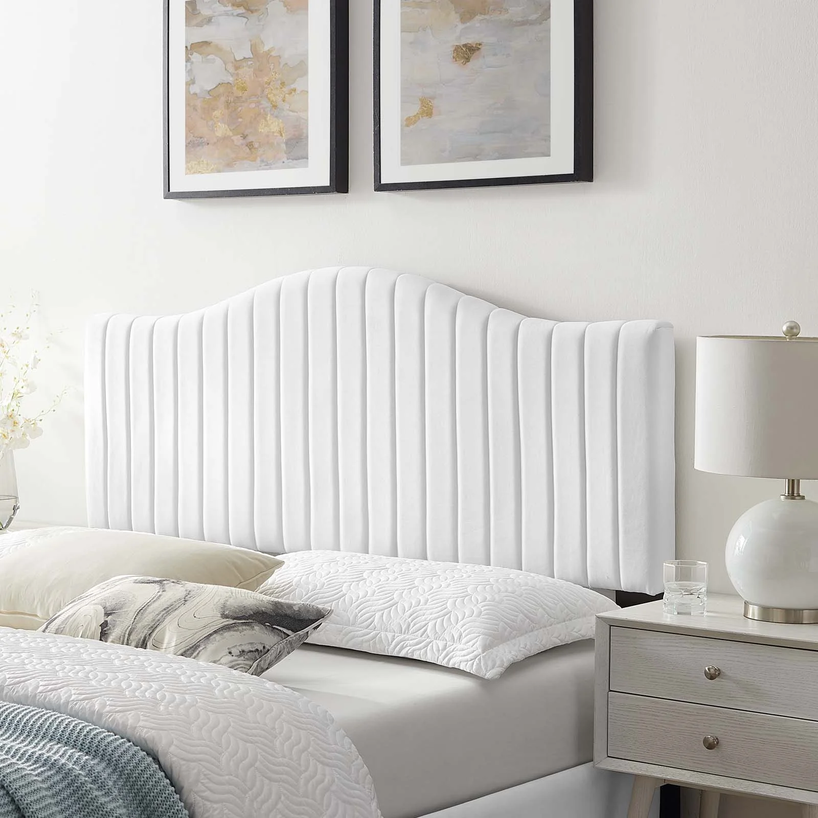 Headboard, Full Queen Size, Velvet, White, Modern Contemporary Urban Design, Bedroom Master Guest Suite