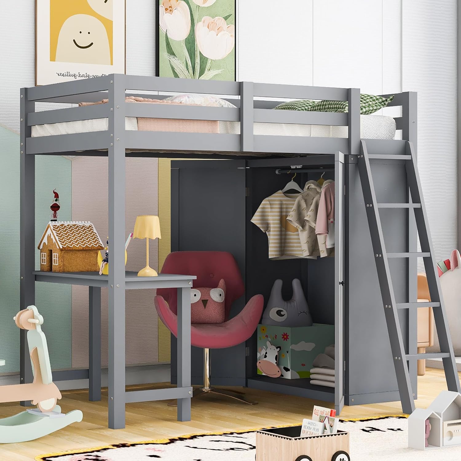 Loft Bed With Wardrobe And Desk, Solid Wood Loft Bed Frame With Storage, For Kids Teens Adults ( Size, Gray)