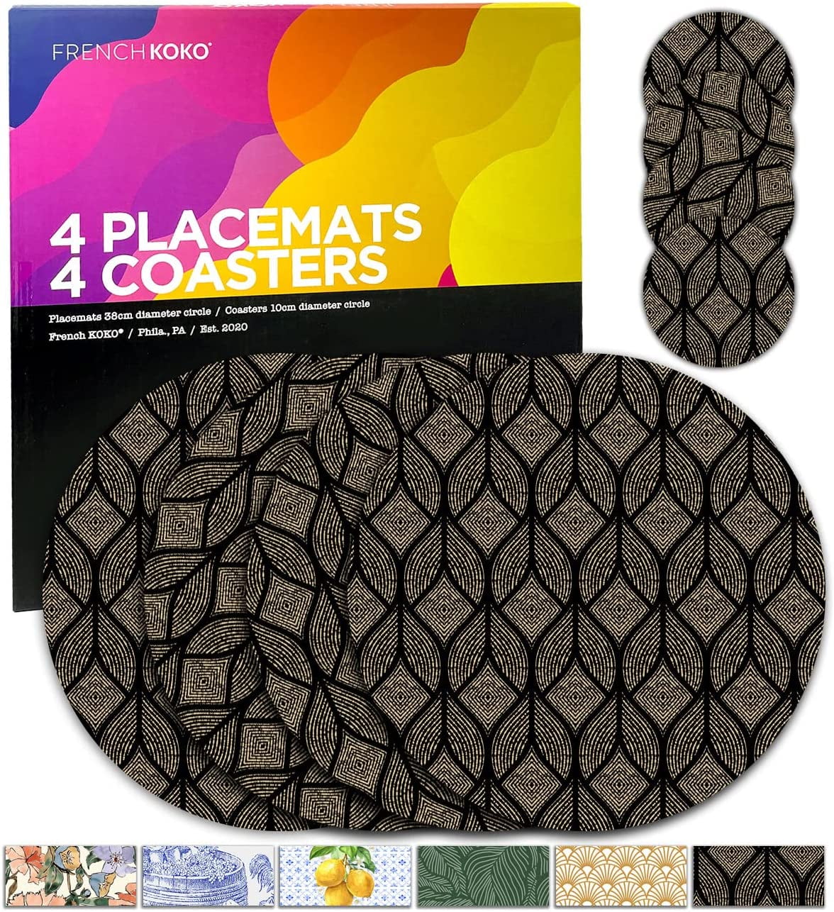 French KOKO 8 pc Round Heat Resistant Cork Placemats and Coasters for Dining Table Set of 4 Hard Place Mats Cork Backed Placemat Wood Pretty Elegant Decor Modern Decor Black Minimalist - Wipe Clean