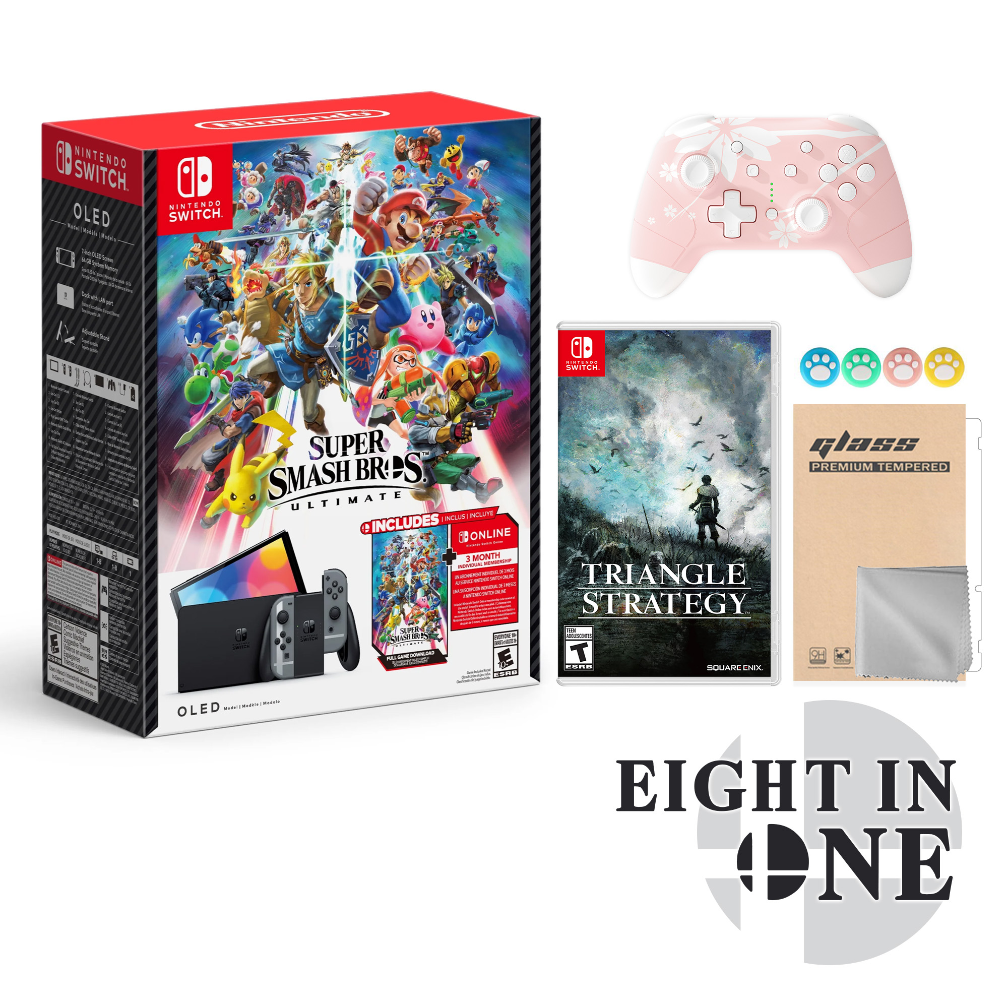 Nintendo Switch OLED Super Smash Bros. Ultimate Bundle: Gray Console, Super Smash Bros. & Membership with Triangle Strategy with Mytrix Wireless Pro Controller Sakura Pink and Accessories